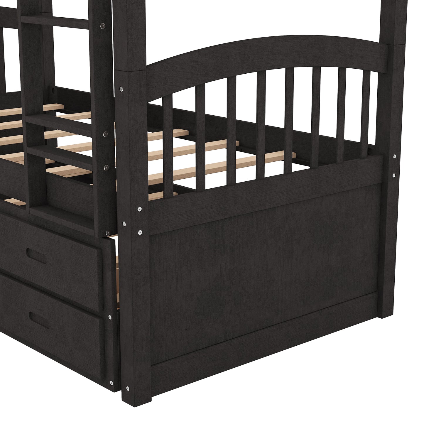 Espresso Twin Wood Bunk Bed with Trundle, Drawers, and Staircase