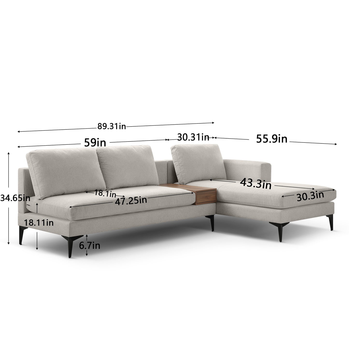 L Shape Modern Sectional L Shape Couch Sofa with Reversible Chaise and Armless 2 Seater Loveseat , 2 Piece Free Combination Sectional Couch with Left or Right Arm Facing Chaise, Texture Champange