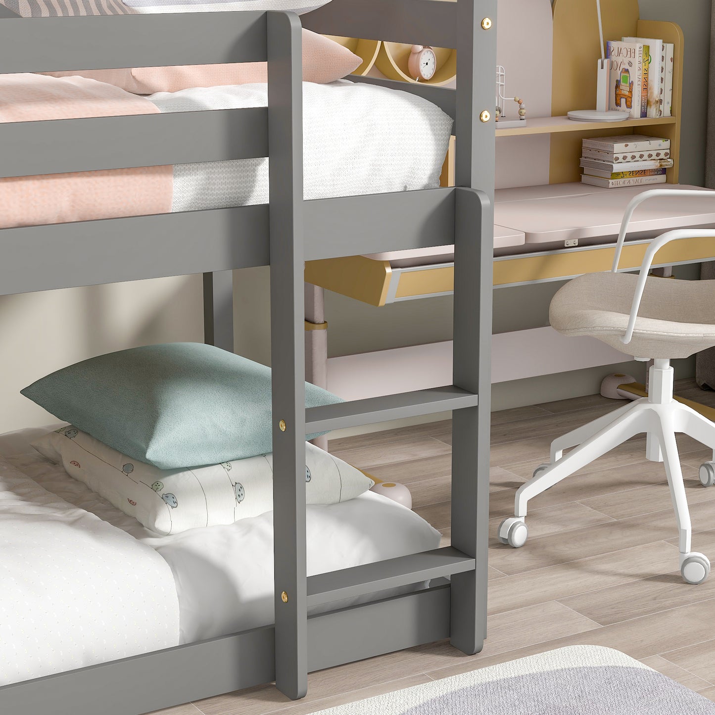 Twin over Twin Loft Bed with Roof Design, Safety Guardrail, Ladder, Grey