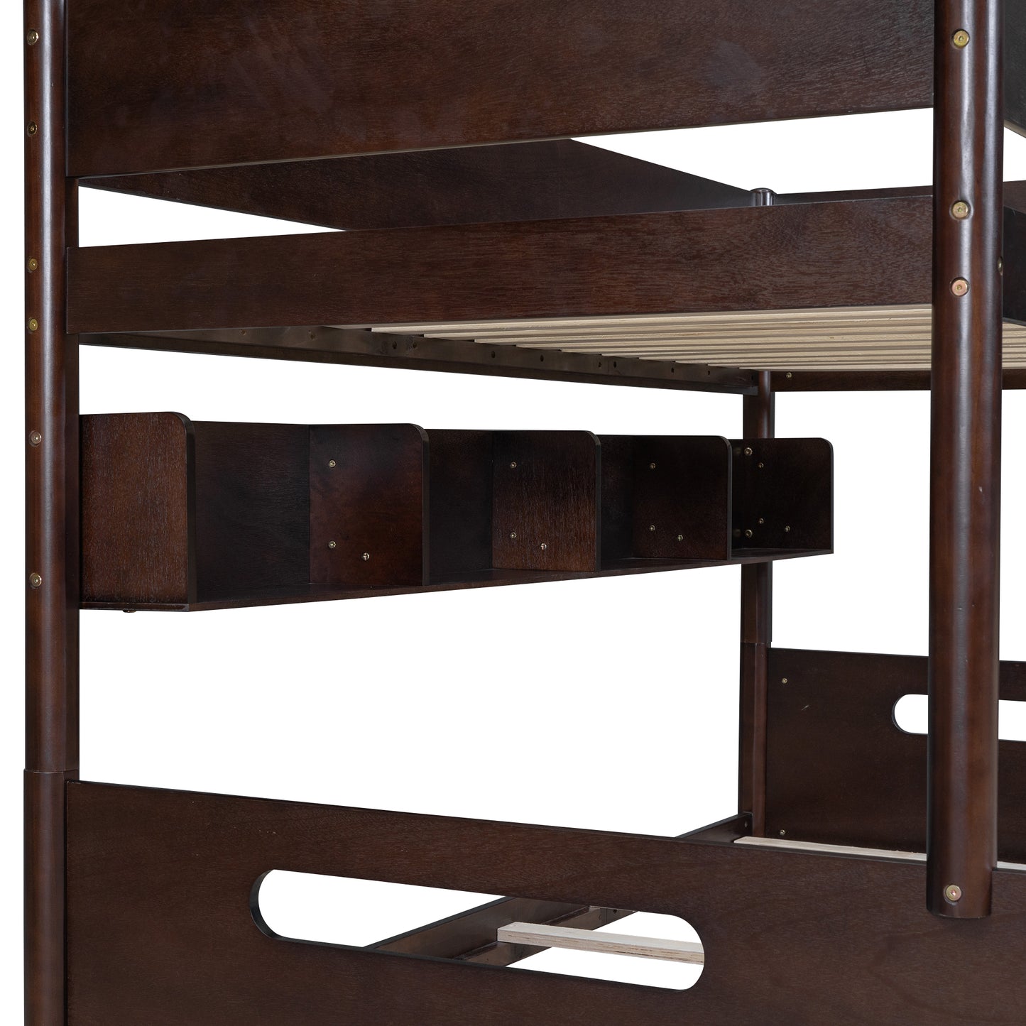 Espresso Wood Bunk Bed with Twin Over Full, Storage Shelves, Trundle, and Sturdy Construction