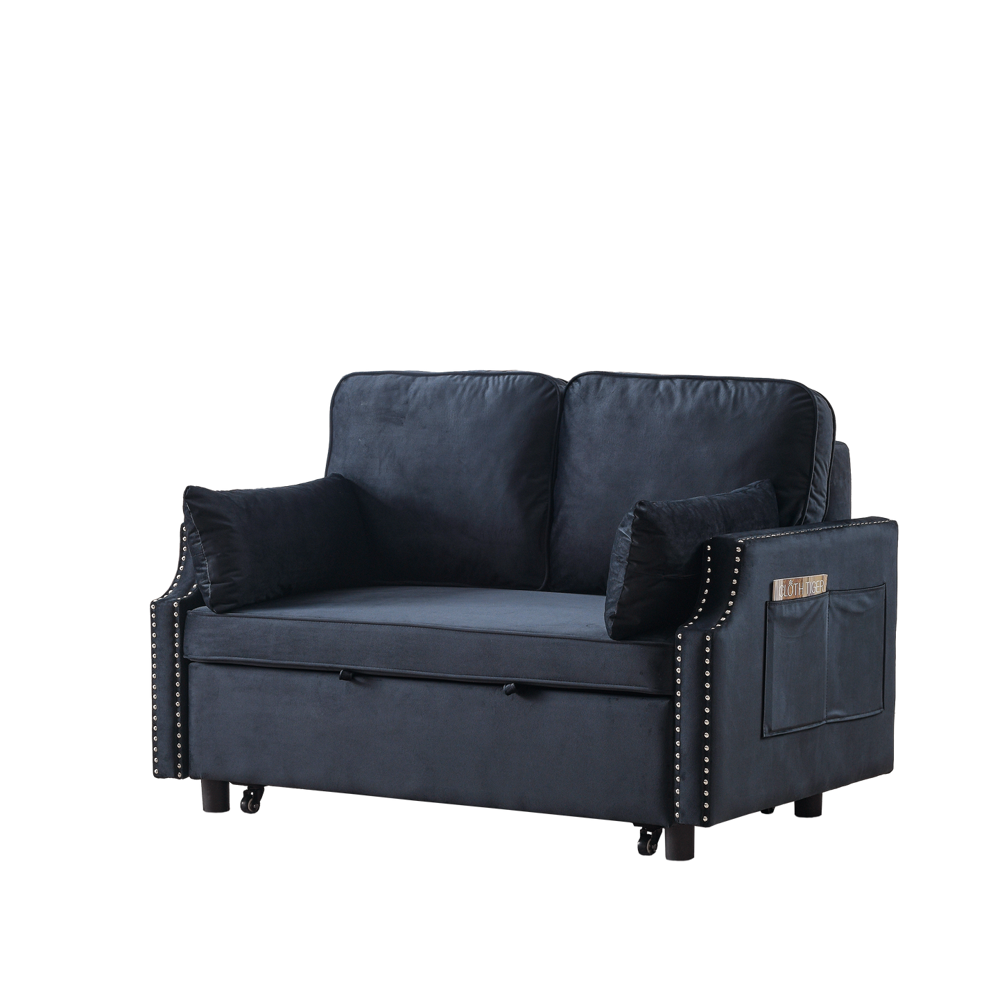 50 Velvet Sleeper Sofa Bed with Side Storage Pockets and Nailhead Design, 2-Seater Sofa with 2 Pillows and Removable Backrest