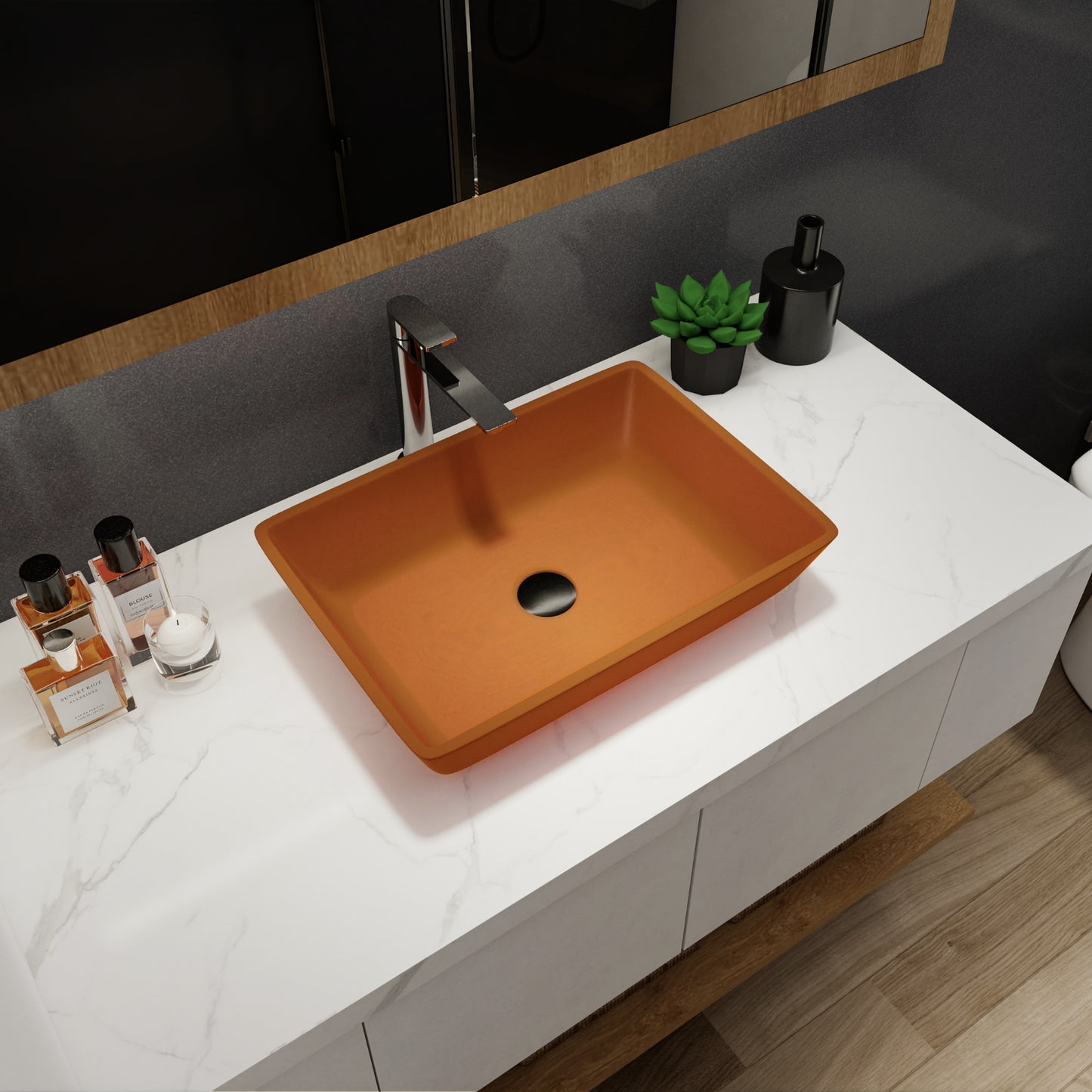 Tempered Glass Matte Bathroom Vessel Sink, Rectangle Bathroom Basin (Tempered Glass Matt Tea)