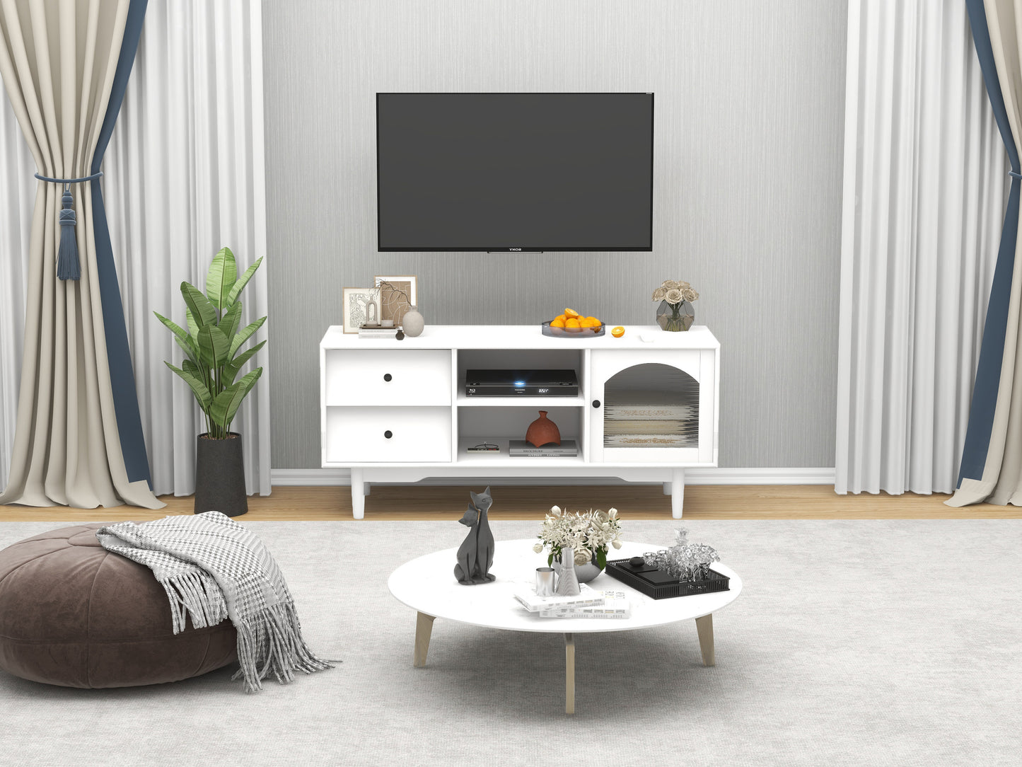 White TV Stand with Drawers, Shelves, and Glass Cabinet for Living Room Storage