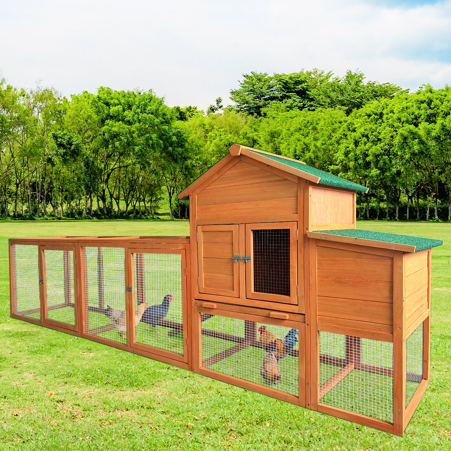 121” Large outdoor Wooden Chicken Coop, Hen House with Nest Box ,Wire Fence Poultry Cage