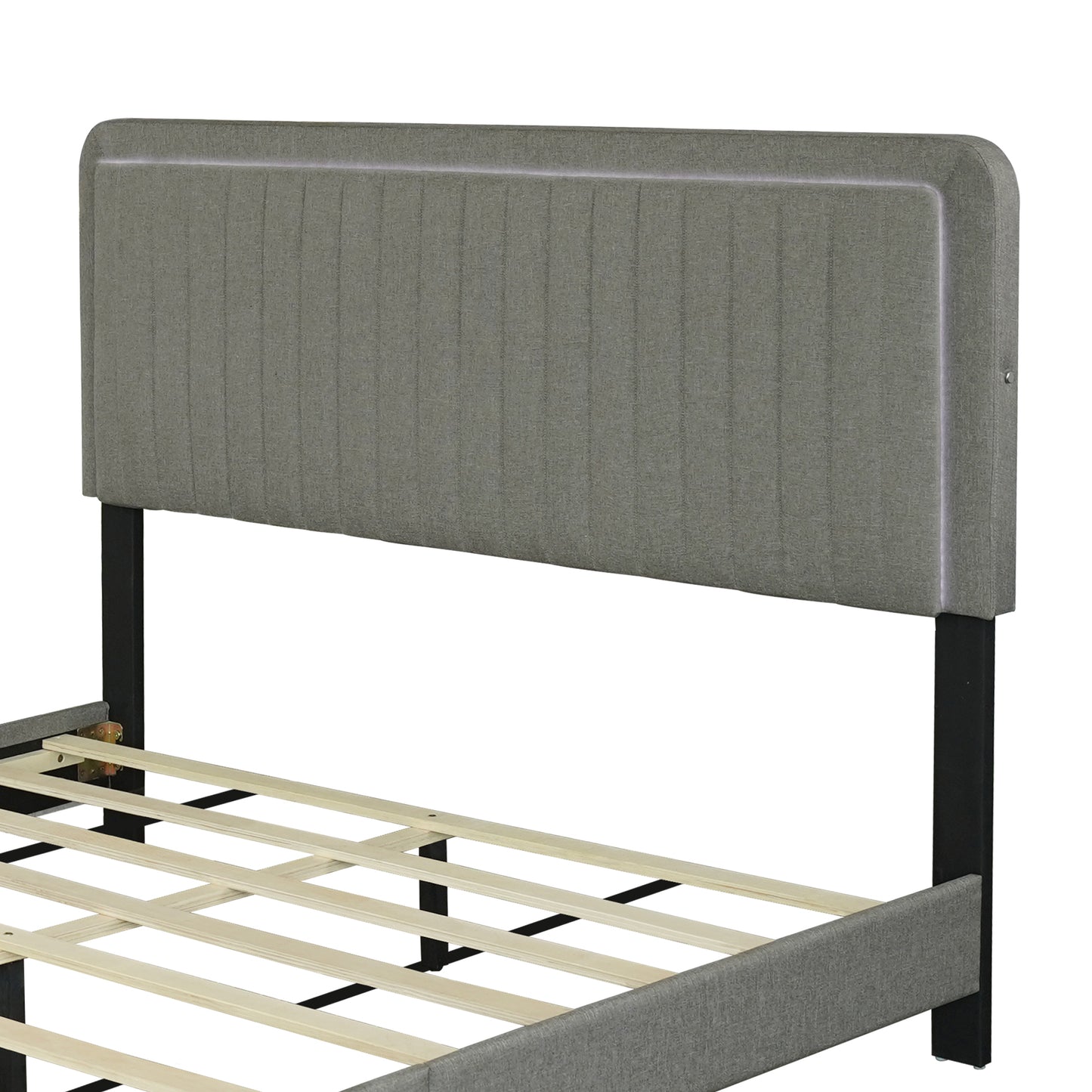 QUEEN SIZE UPHOLSTERED BED WITH ADJUSTABLE HEIGHT / MATTRESS 10 TO 14 INCHES / LED DESIGN WITH FOOTBOARD DRAWERS STORAGE / NO BOX SPRING REQUIRED STONE