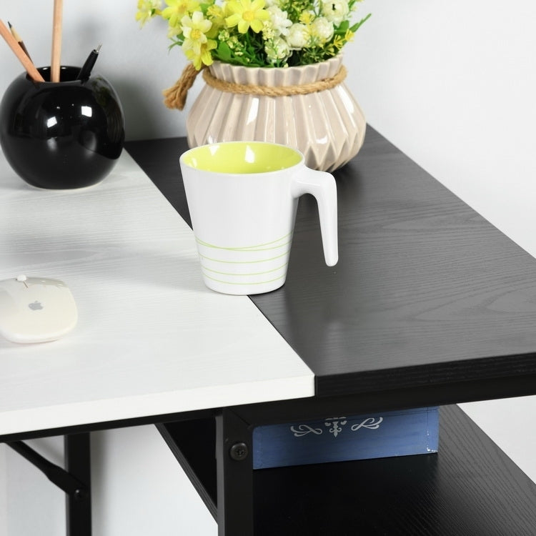 Large White and Black Study Desk with Adjustable Top and Storage Shelves