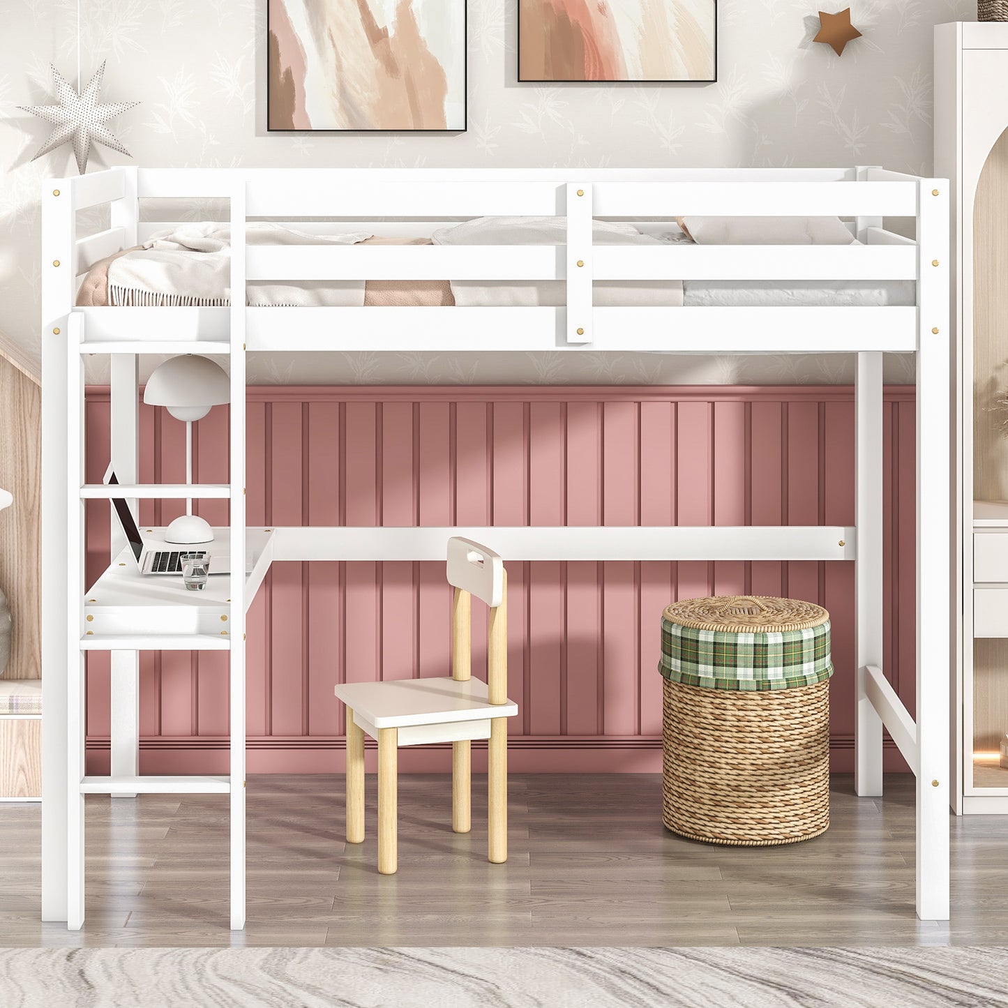 Twin Loft Bed with  built-in desk,White