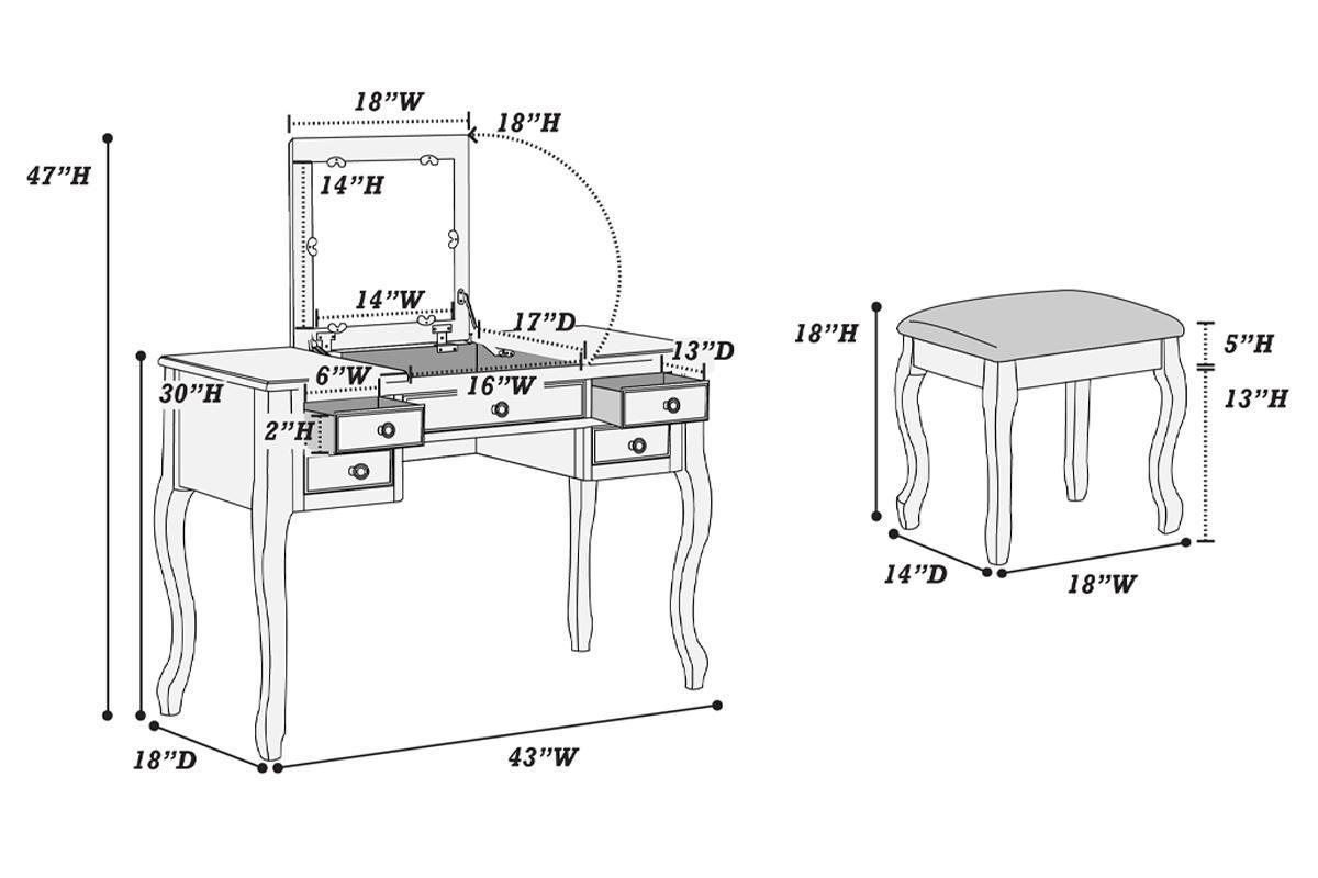 Classic 1pc Vanity Set w Stool White Color Drawers Open-up Mirror Bedroom Furniture Unique Legs Cushion Seat Stool Vanity