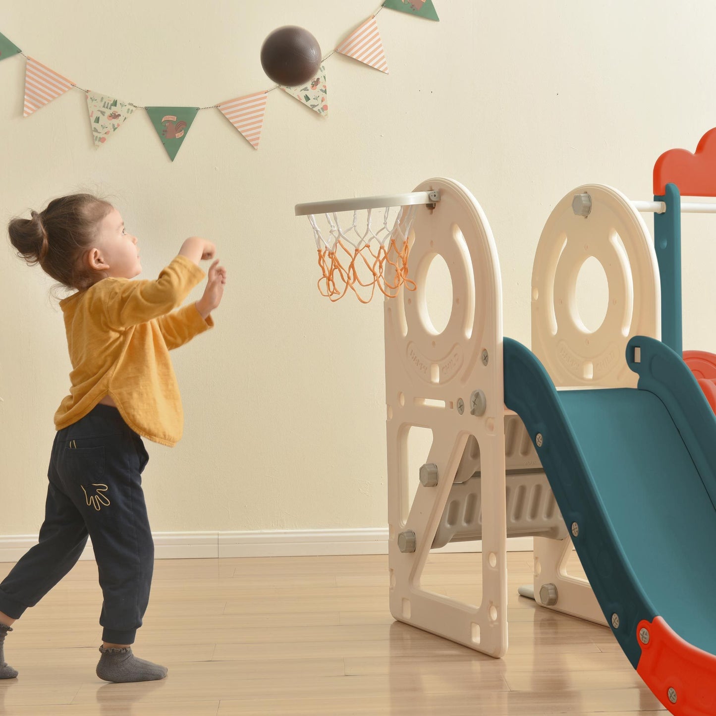 Children's Freestanding Bus Slide and Play Structure with Basketball Hoop