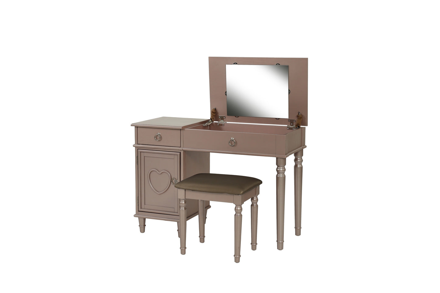 Bedroom Vanity Set w Stool Open Up Mirror Storage Space Drawers Rubber wood Ring Pull Handles Rose Gold Color Vanity