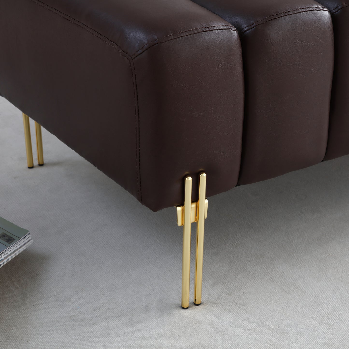 Modern Brown PU Upholstered 2-Seater Sofa Bench with Gold Metal Legs