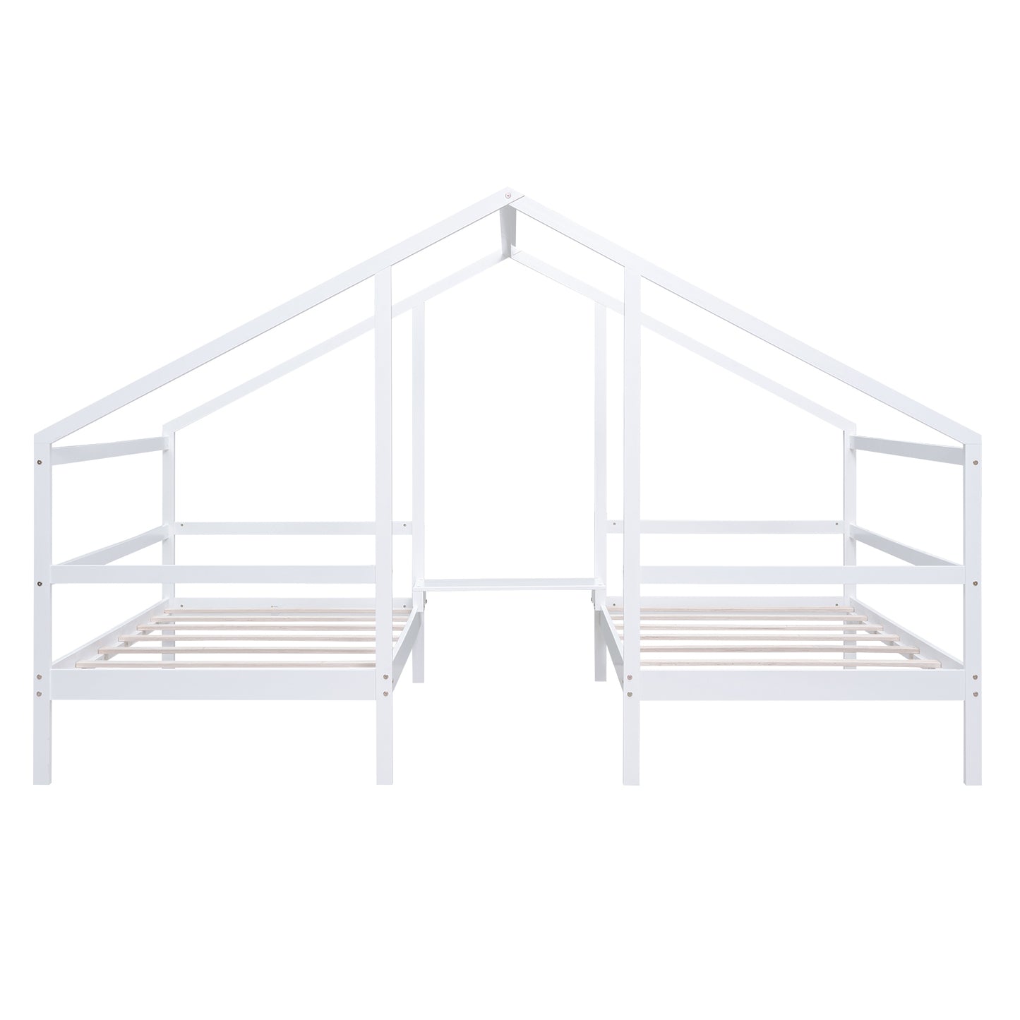 Double Twin Size Triangular House Beds with Built-in Table,White