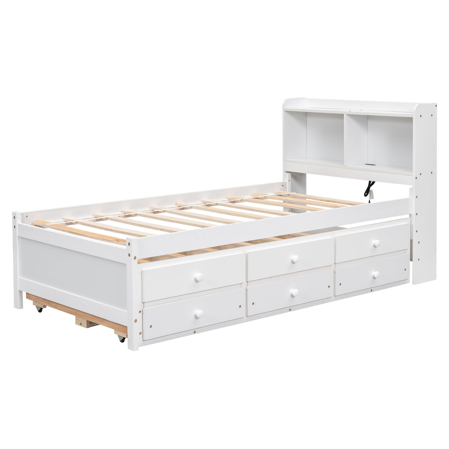 Twin Size Bed with  built-in USB ,Type-C Ports, LED light, Bookcase Headboard, Trundle and 3 Storage Drawers, Twin Size Bed with  Bookcase Headboard, Trundle and Storage drawers  ,White