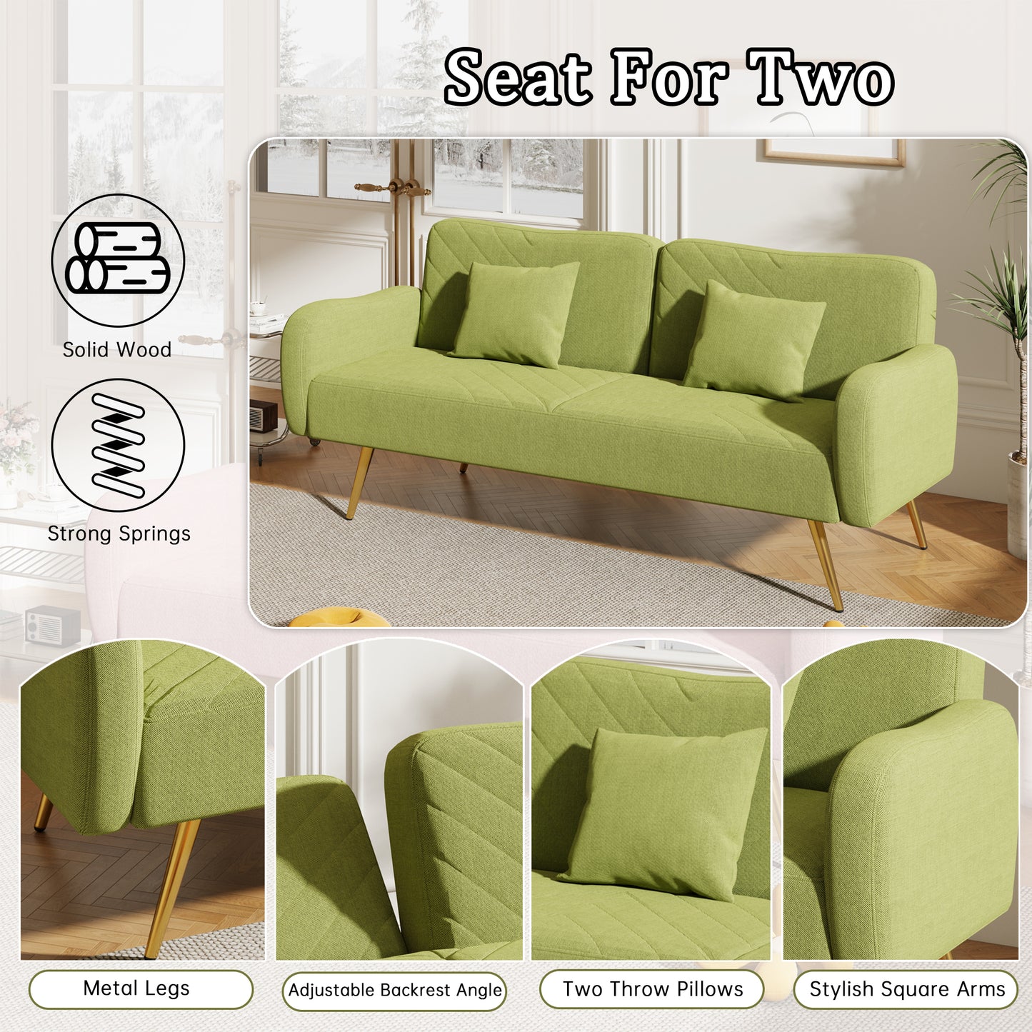 70.47 Green Fabric Double Sofa with Adjustable Split Backrest and Two Throw Pillows