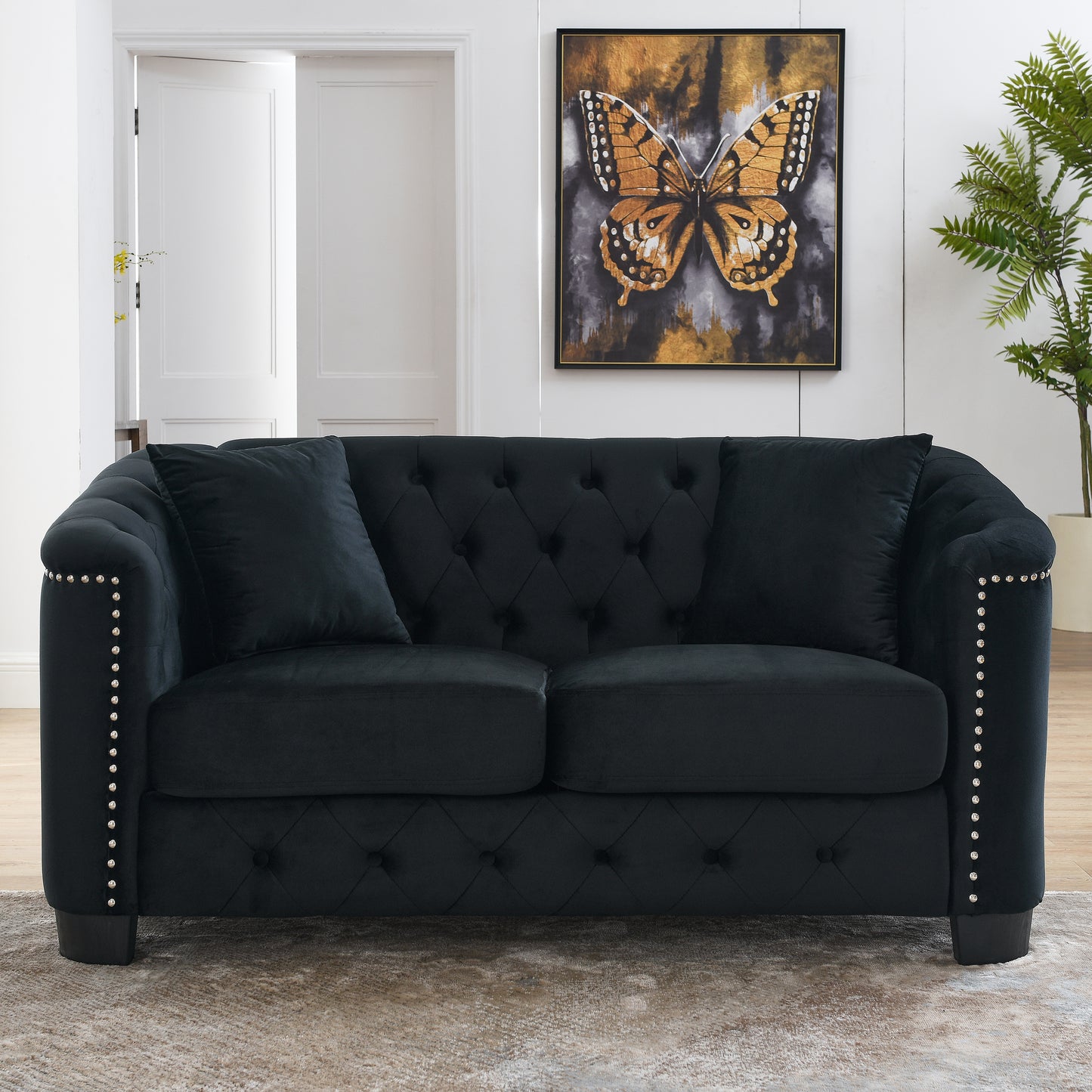 Luxurious Black Velvet Chesterfield Sofa, 2-Seater with Nailhead Arms