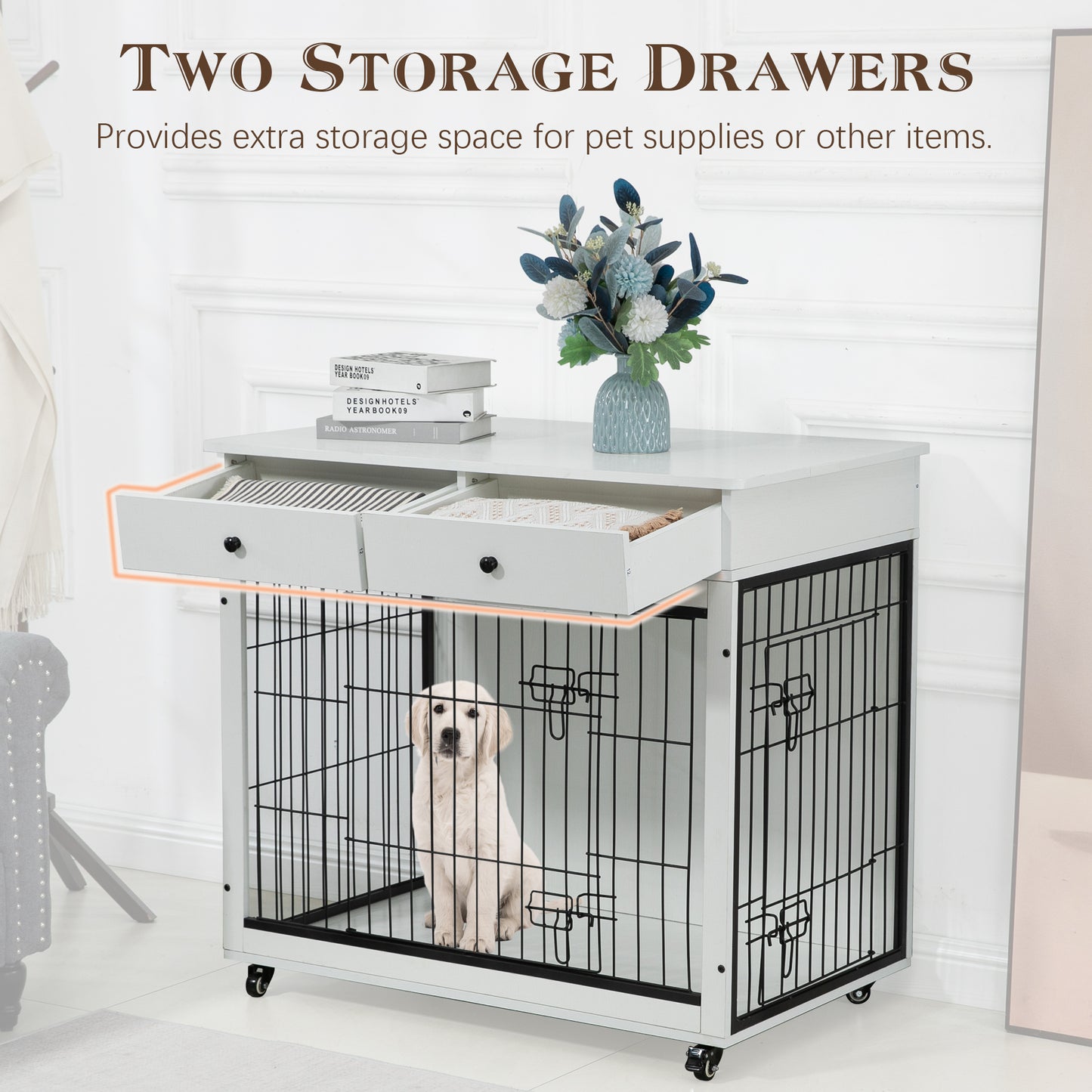 Dog Crate Furniture, Wooden Dog House, Decorative Dog Kennel with Drawer, Indoor Pet Crate End Table for Small Dog, Steel-Tube Dog Cage, Chew-Proof, White 31.7" L×23.2" W×33" H