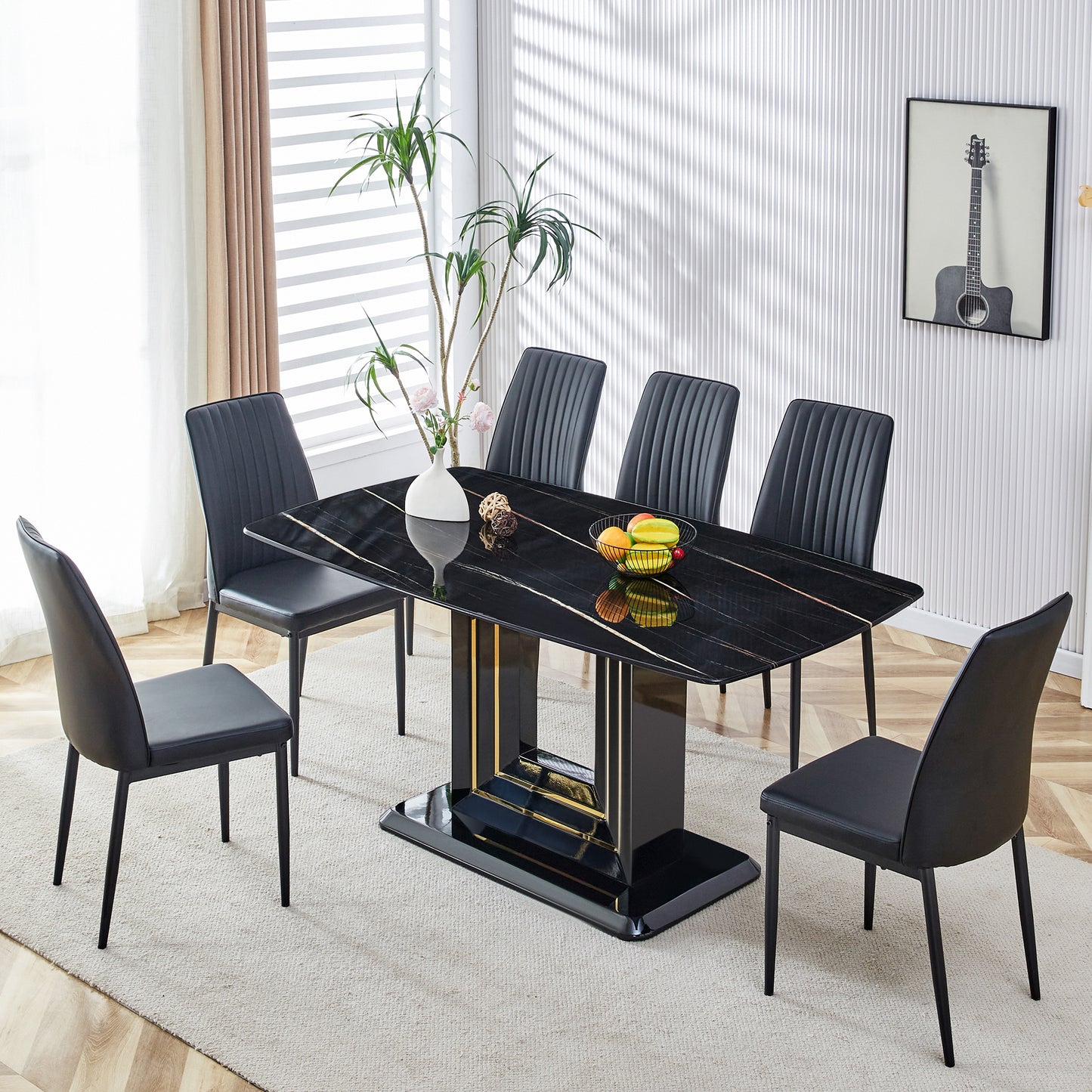 7-Piece Faux Marble Dining Table Set, Glass Rectangular Kitchen Table for 6-8, Modern Black Faux Marble Dining Room Table with MDF Base, Dining Table & 6 Chairs