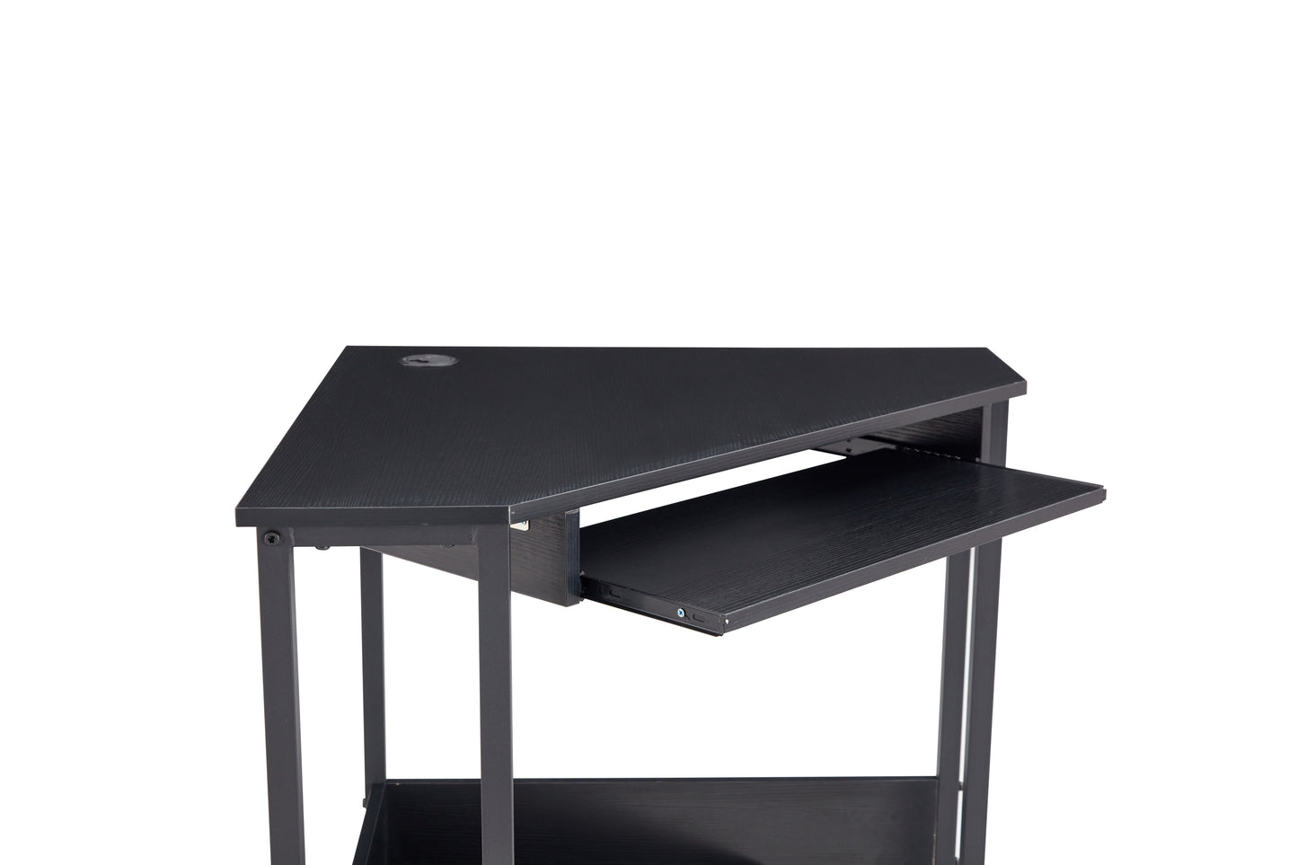 Sleek Black Triangle Desk with Keyboard Tray and Storage Shelves