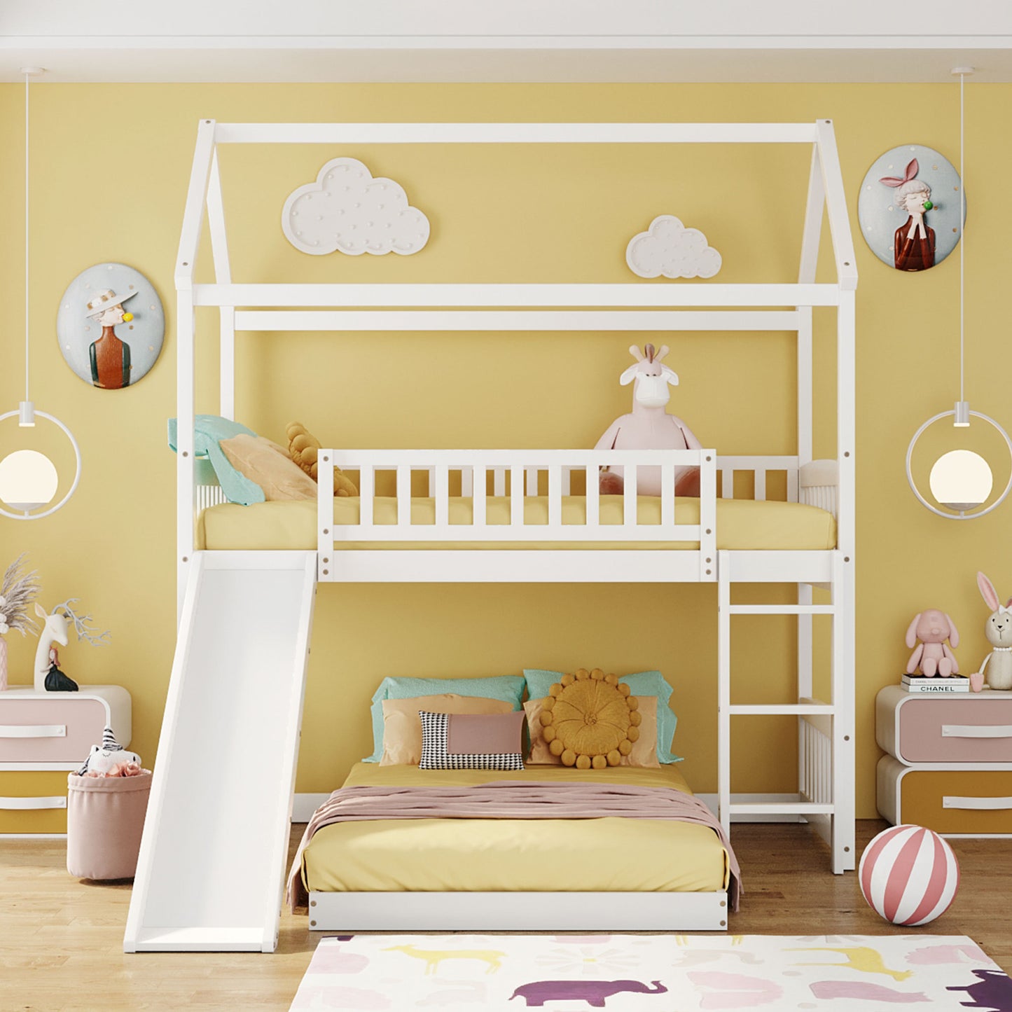 White Twin Over Twin Bunk Bed with Slide and Playhouse