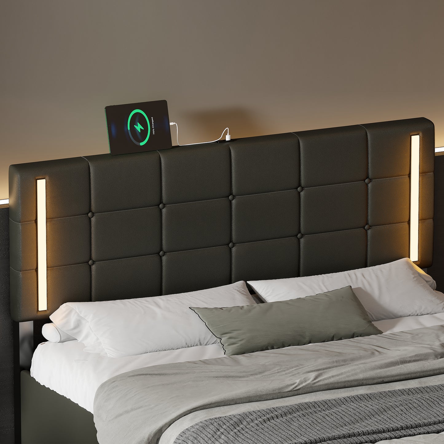 Full Size Upholstered Bed with LED Lights,Hydraulic Storage System and USB Charging Station,Black