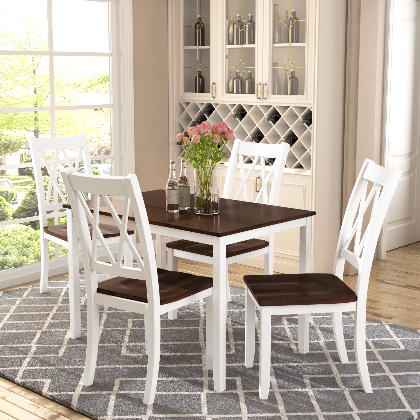 5-Piece Dining Table Set Home Kitchen Table and Chairs Wood Dining Set, White+Cherry