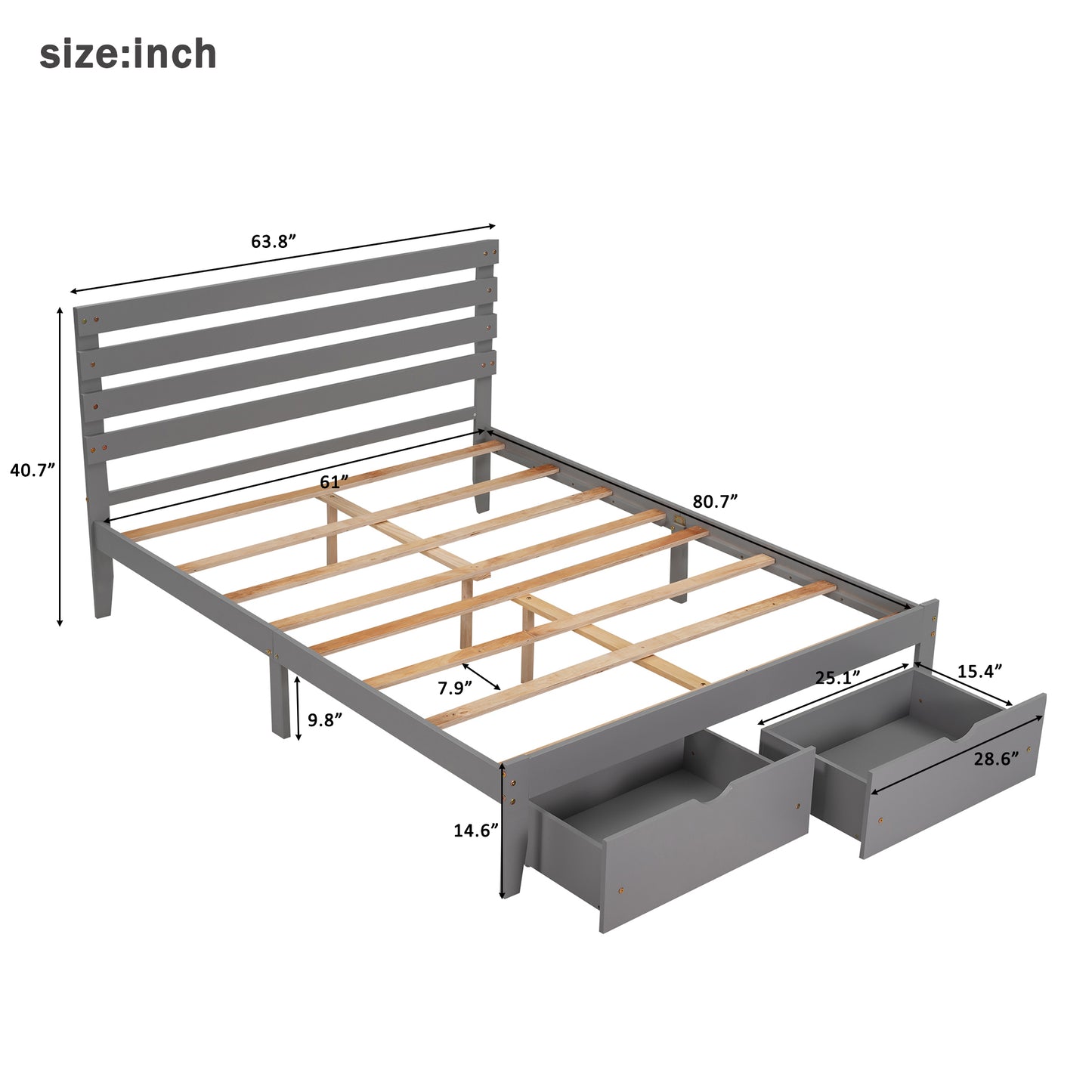 Queen Size Platform Bed with Drawers, Gray(New SKU:WF288469AAE)