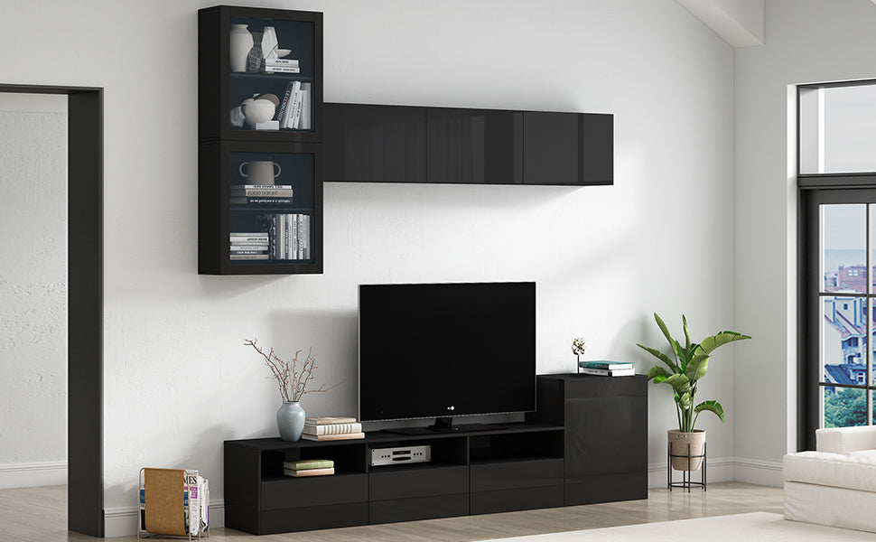 Modern Black High Gloss TV Stand with 9 Storage Cabinets