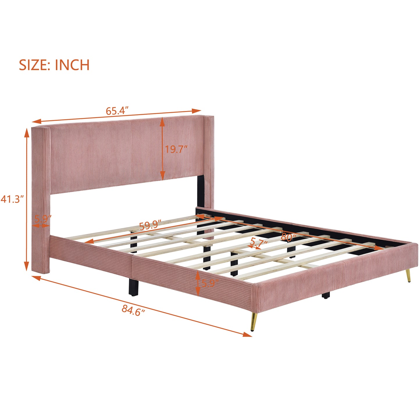 Queen Size Corduroy Platform Bed with Metal Legs, Pink