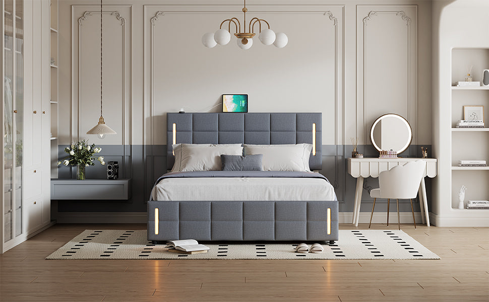 Queen Size Upholstered Bed with Hydraulic Storage System and LED Light, Gray