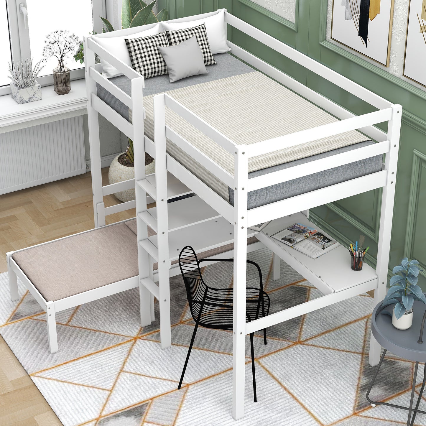 Convertible Loft Bed with L-Shaped Desk and Twin Bunk Bed in White Finish - Space-Saving Bedroom Solution