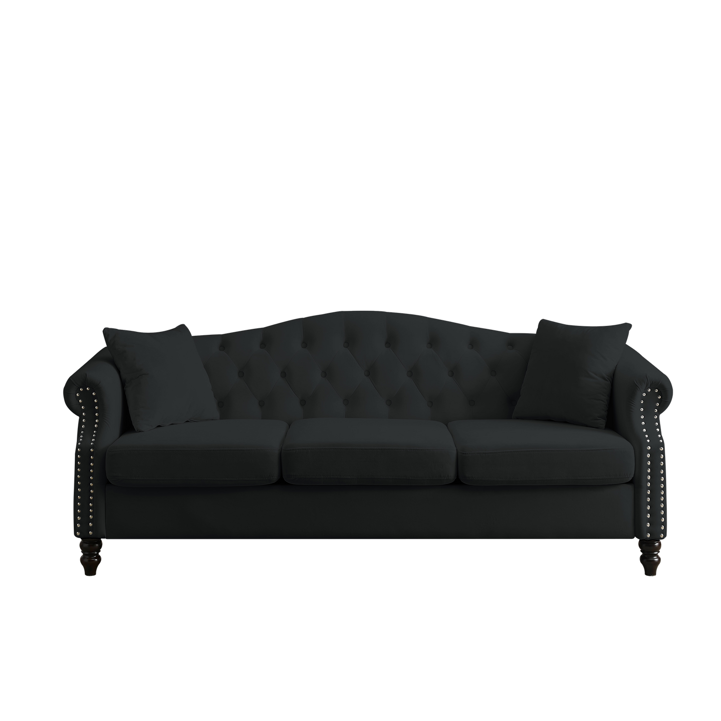 [Video] 79" Chesterfield Sofa Black Velvet for Living Room, 3 Seater Sofa Tufted Couch with Rolled Arms and Nailhead for Living Room, Bedroom, Office, Apartment, 3S+3S