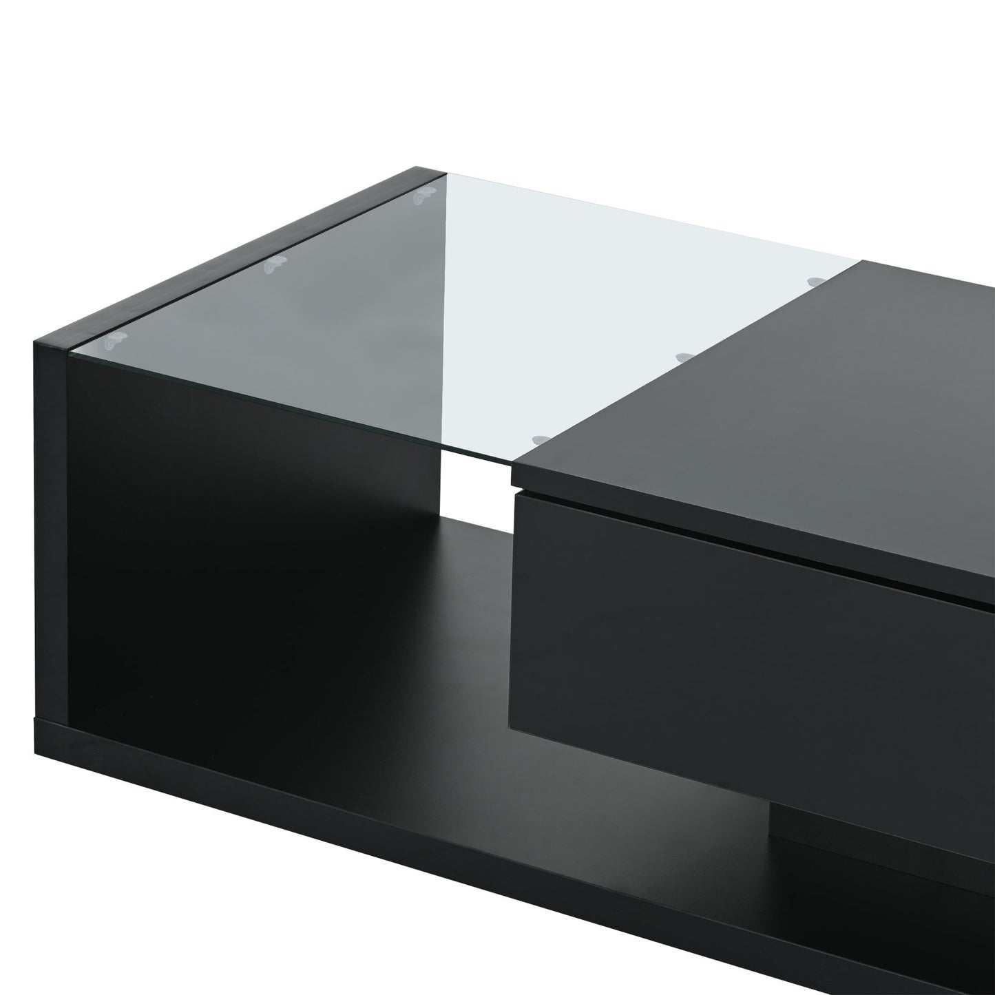 Elegant Black Modernist Coffee Table with Glass Top and Storage Shelf