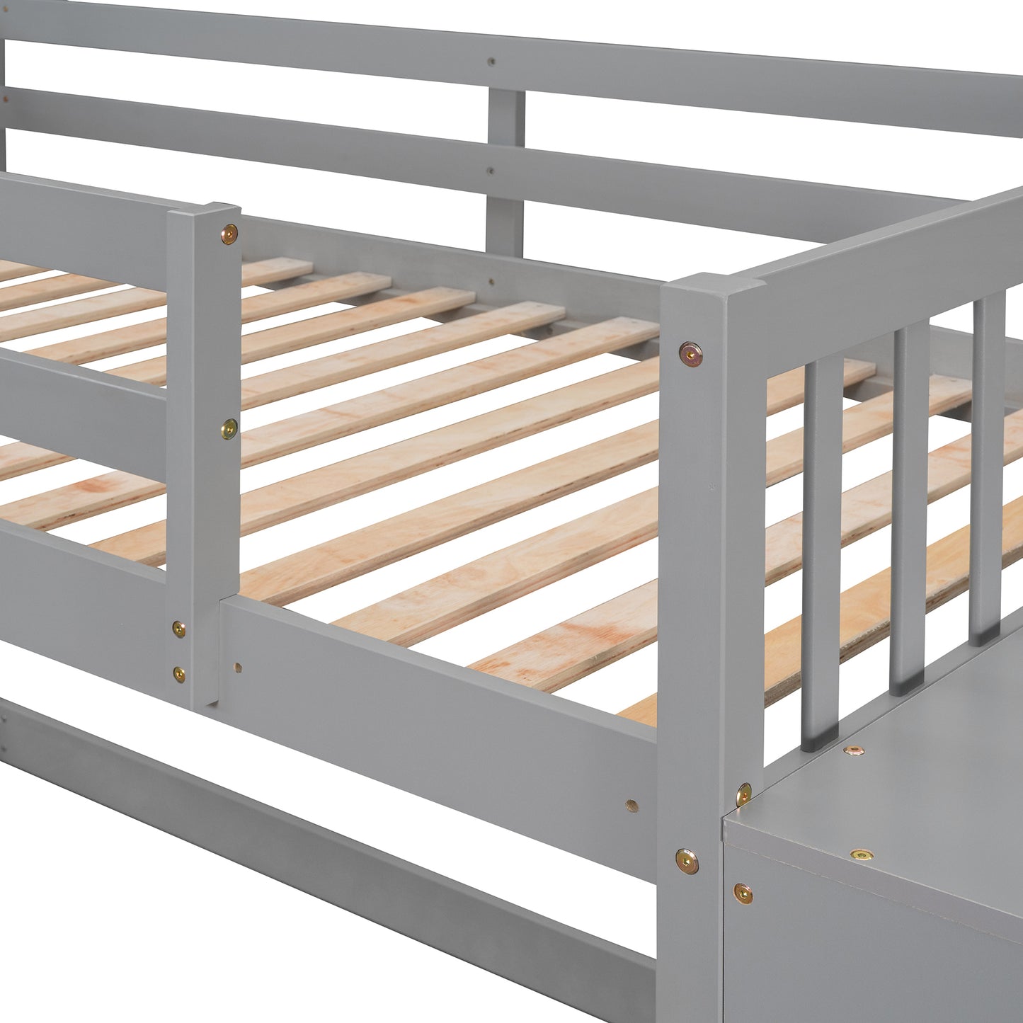 Space-Saving Gray Twin Bunk Bed with Storage and Built-in Shelves for Twin over Twin Configuration