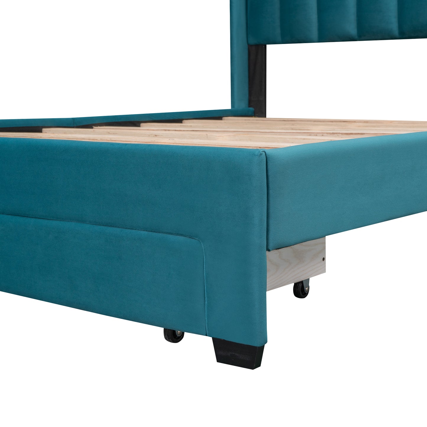 Queen Size Storage Bed Velvet Upholstered Platform Bed with a Big Drawer - Blue