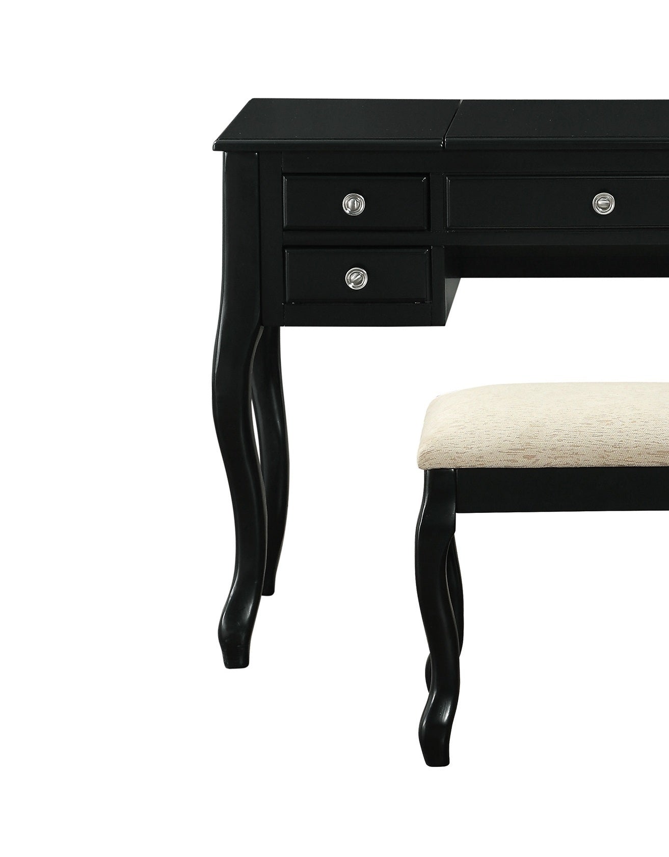 Classic 1pc Vanity Set w Stool Black Color Drawers Open-up Mirror Bedroom Furniture Unique Legs Cushion Seat Stool Vanity