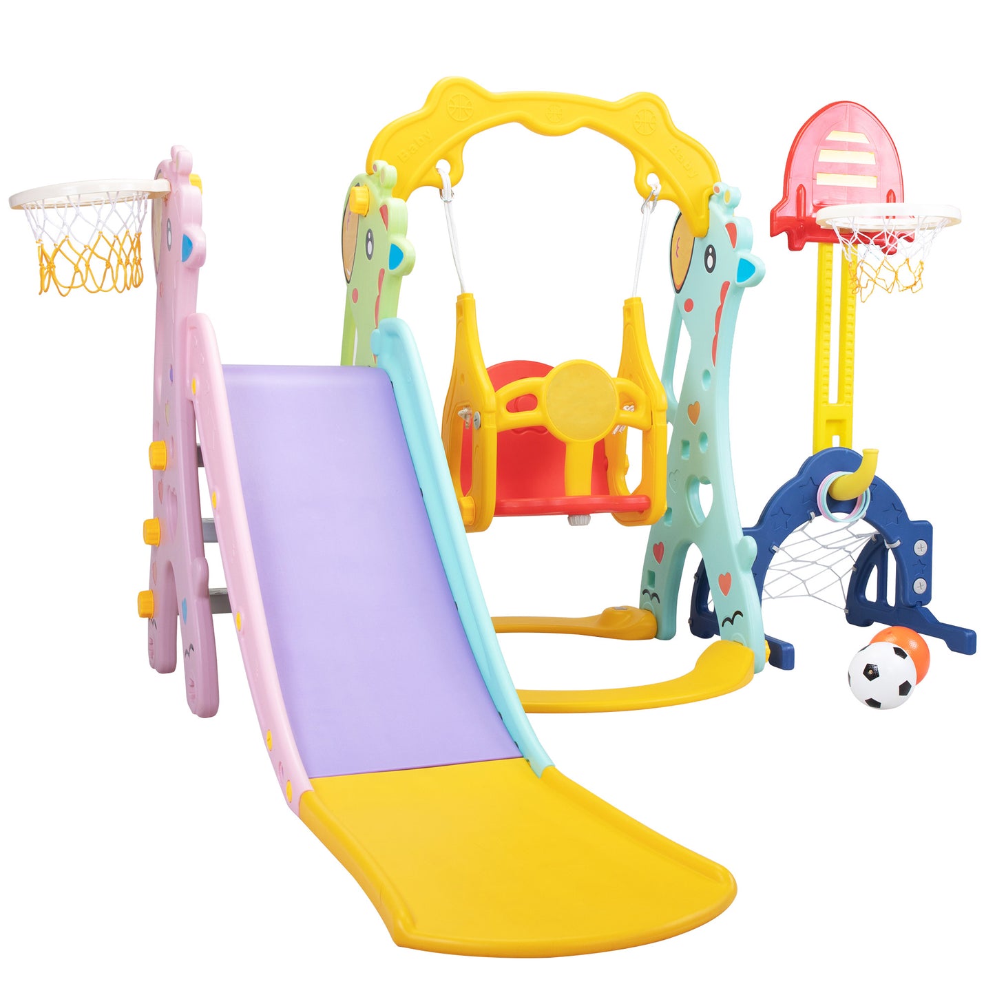 5-in-1 Giraffe-Themed Toddler Playground Set with Slide, Swing, and Ball Games