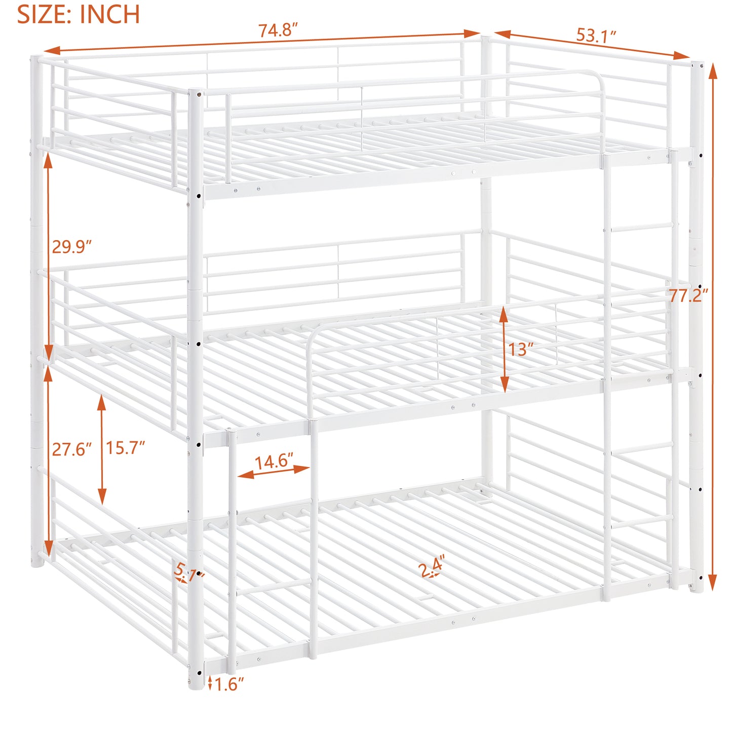 Full-Full-Full Metal  Triple Bed  with Built-in Ladder, Divided into Three Separate Beds,White