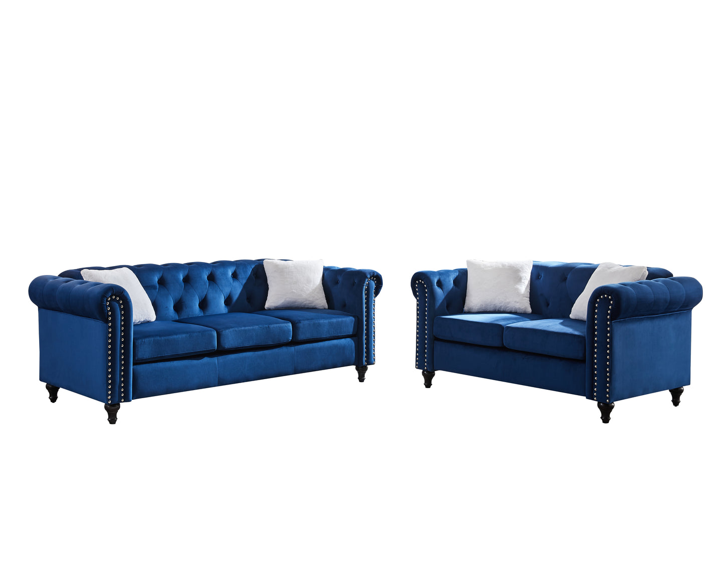 Blue Velvet 3 Piece Living Room Sofa Set with Button Tufting and Copper Nail Accents