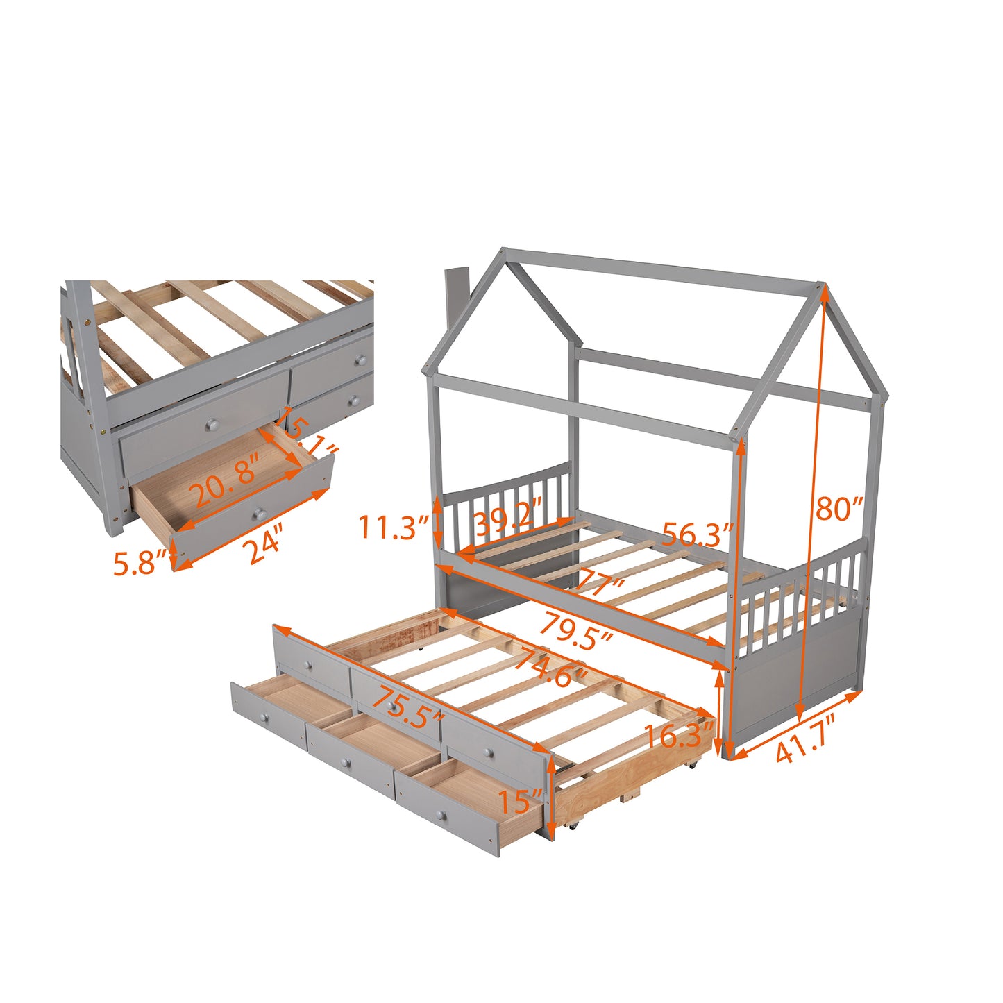 Twin size Wooden House Bed with Trundle and 3 Storage Drawers-Gray