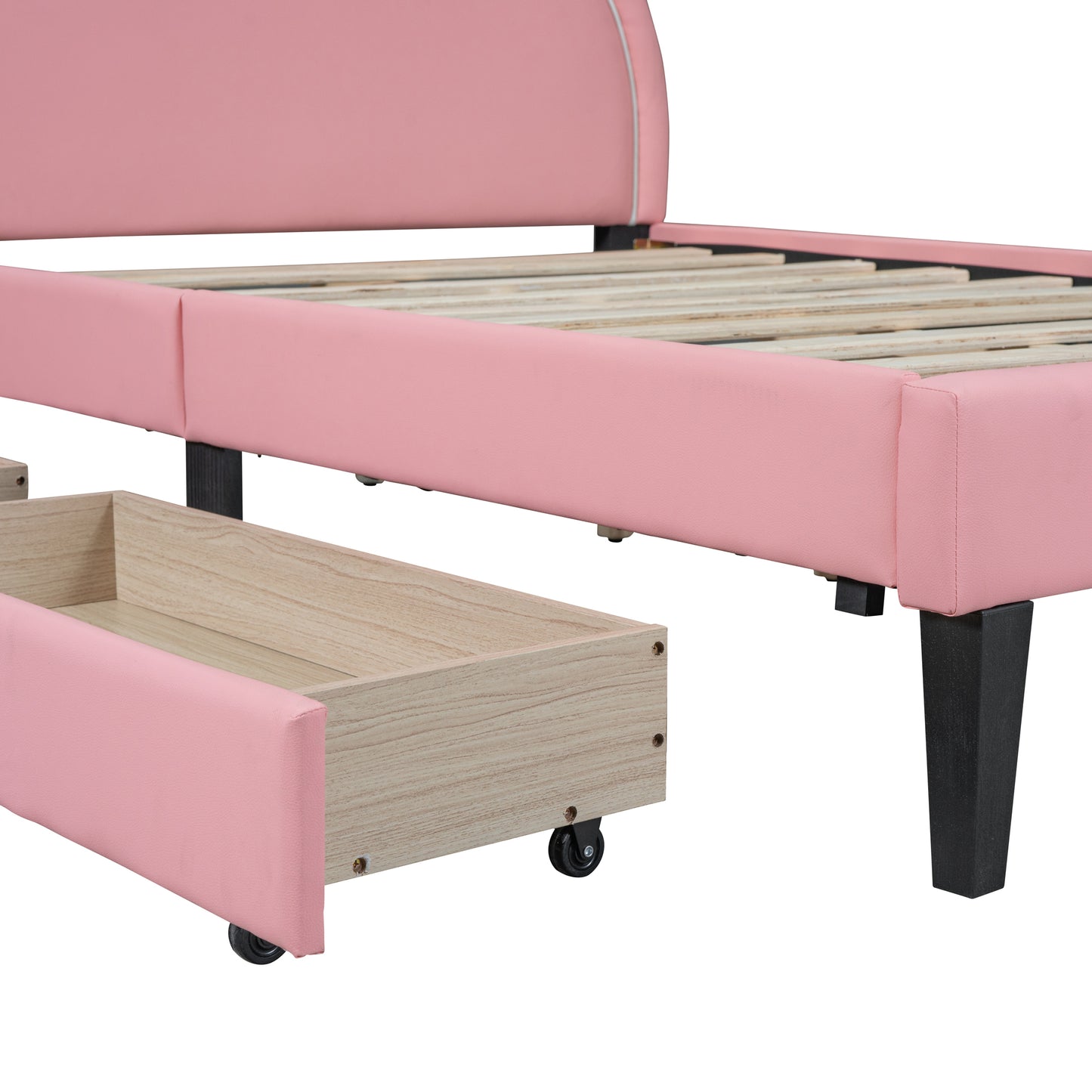 Full Size Upholstered Leather Platform Bed with Rabbit Ornament and 4 Drawers, Pink