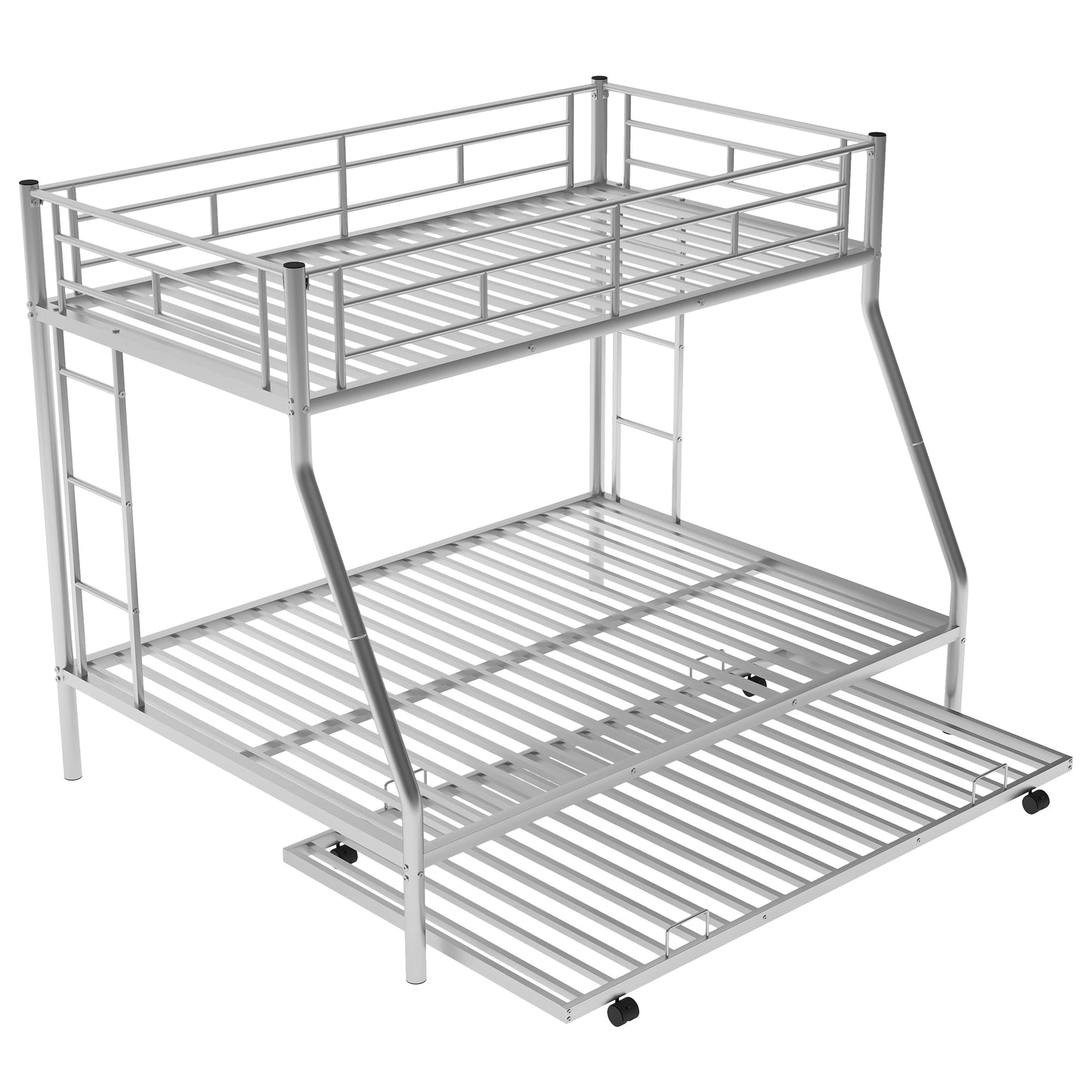 Silver Steel Bunk Bed Set with Twin Trundle and Two-Side Ladders