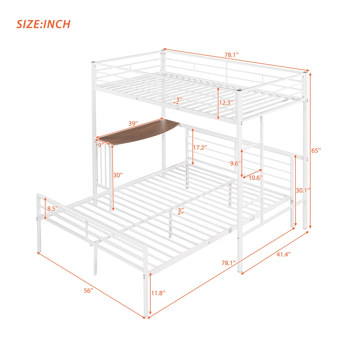 Metallic White Twin Over Full Bunk Bed with Desk and Ladder