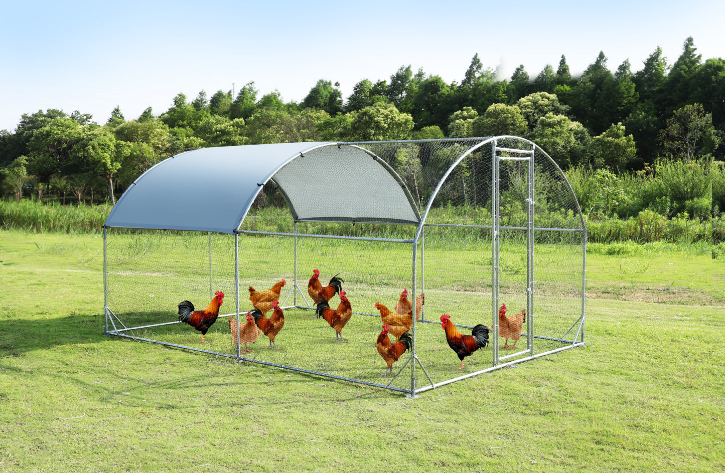 Large metal chicken coop upgrade three support steel wire impregnated plastic net cage, Oxford cloth silver plated waterproof UV protection, duck rabbit sheep bird outdoor house 9.2'W x 12.5'L x 6.5'H