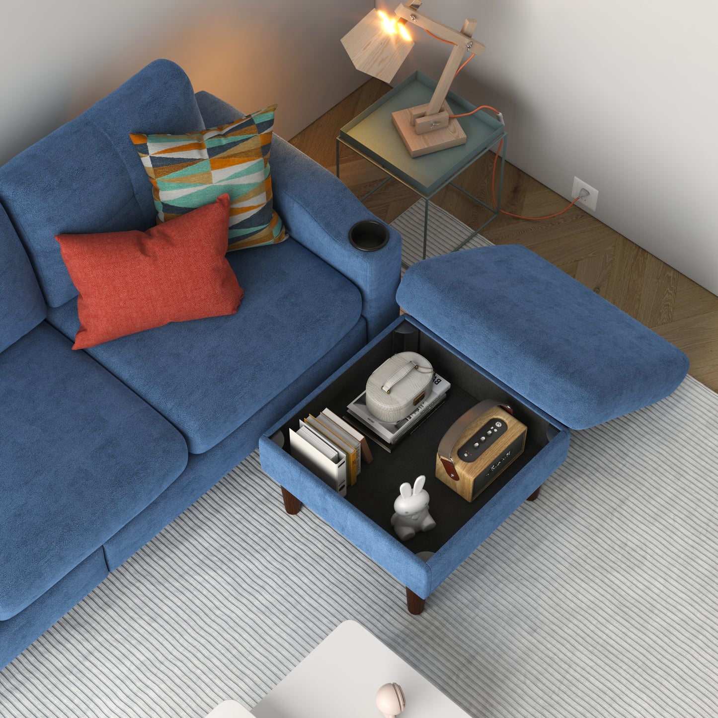 Convertible Combination Sofa Sofa L-Shaped Sofa with Storage Cabinet Footstool, Living Room Navy Blue Sofa, Living Room/Bedroom/Office/Small Space 3-Seater Combination Sofa