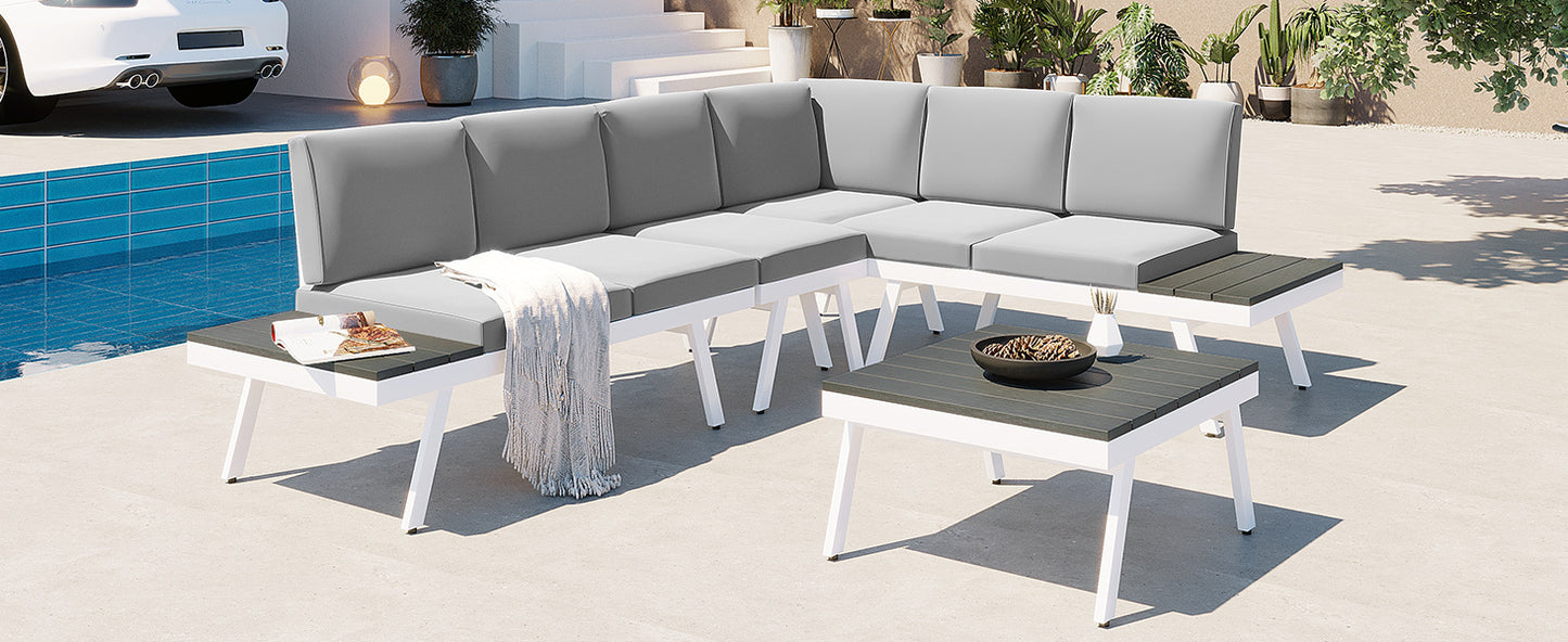 Aluminum Outdoor Patio Furniture Set with End Tables and Coffee Table, White and Grey Sectional Sofa Set