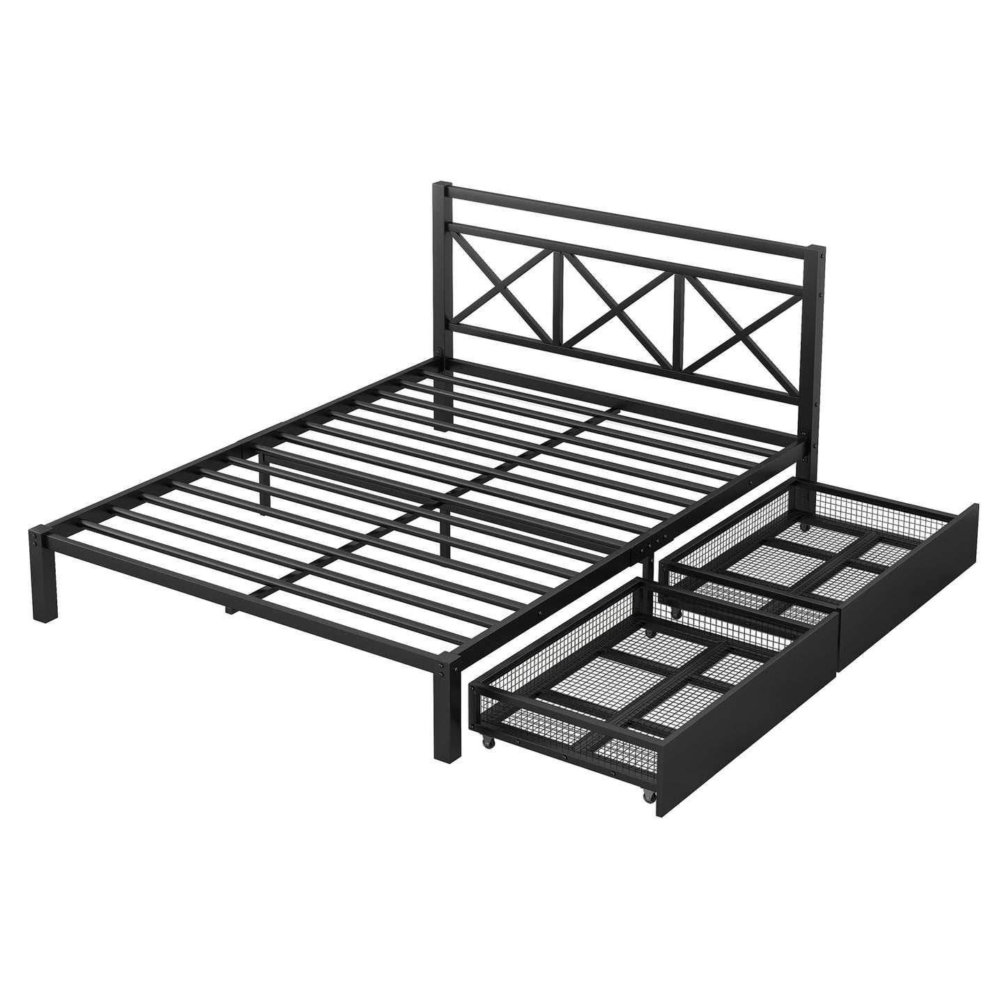 Metal Platform Bed with 2 Drawers, Queen (Black)