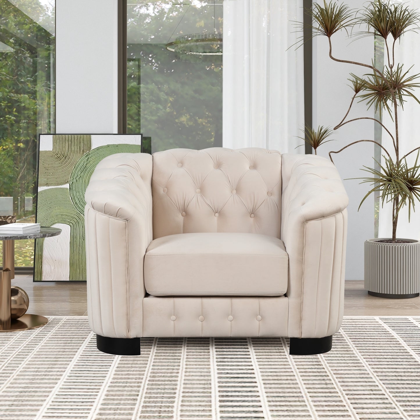 41.5 Beige Velvet Single Sofa Chair with Removable Seat Cushion