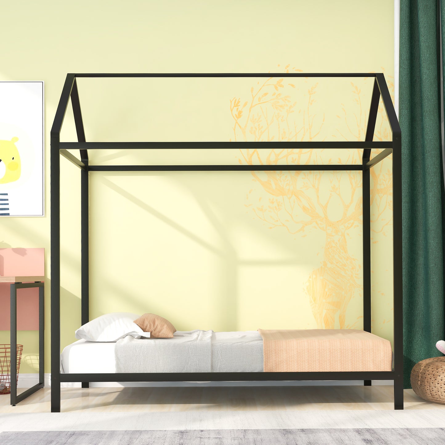 House Bed Frame Twin Size , Kids Bed Frame Metal  Platform Bed  Floor Bed for Kids Boys Girls No Box Spring Needed Black