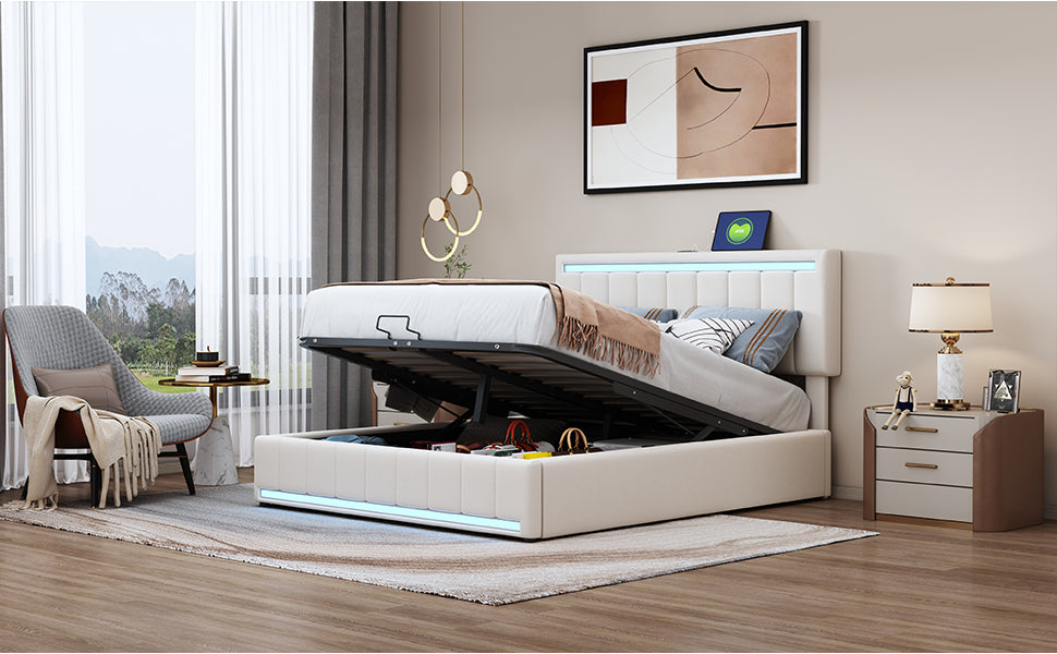 Full Size Upholstered Platform Bed with Hydraulic Storage System, LED Light, and a set of USB Ports and Sockets, Linen Fabric, Beige