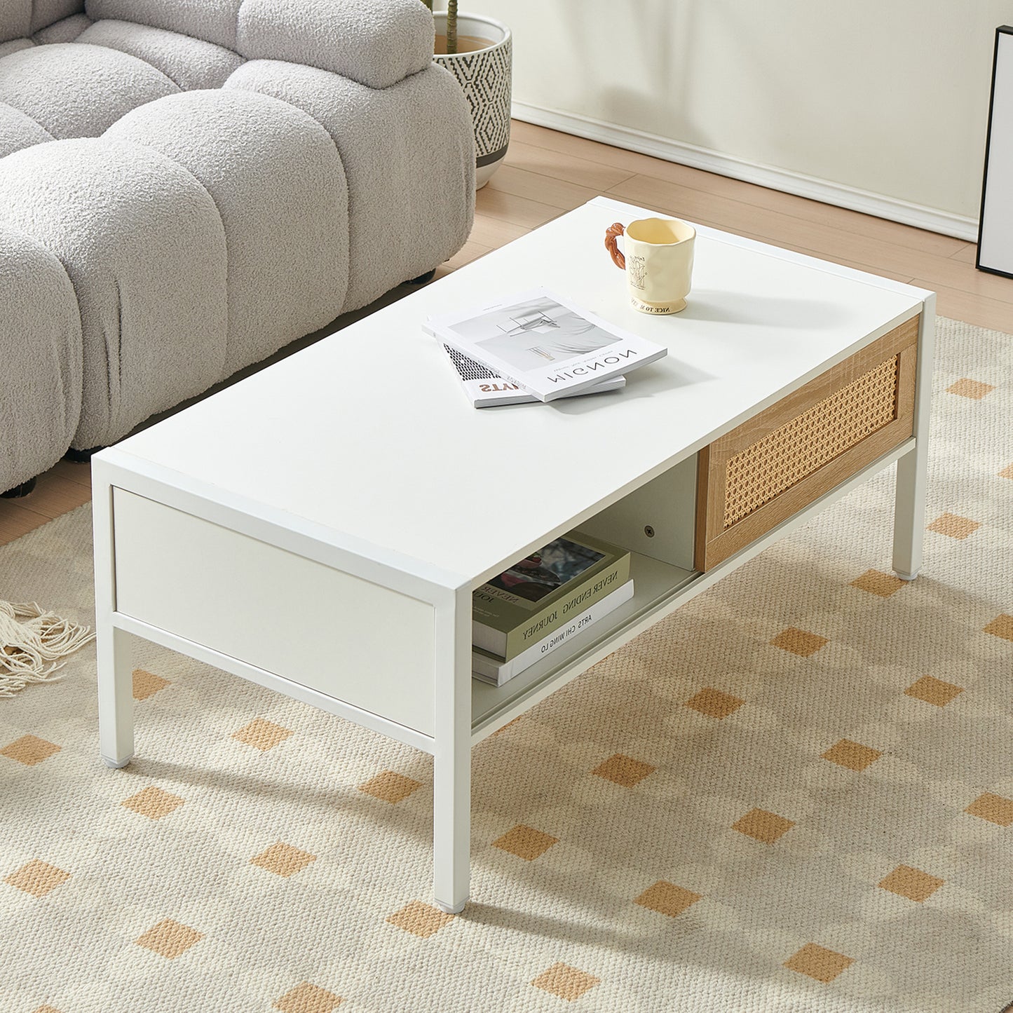 Modern White Rattan Coffee Table with Sliding Door Storage